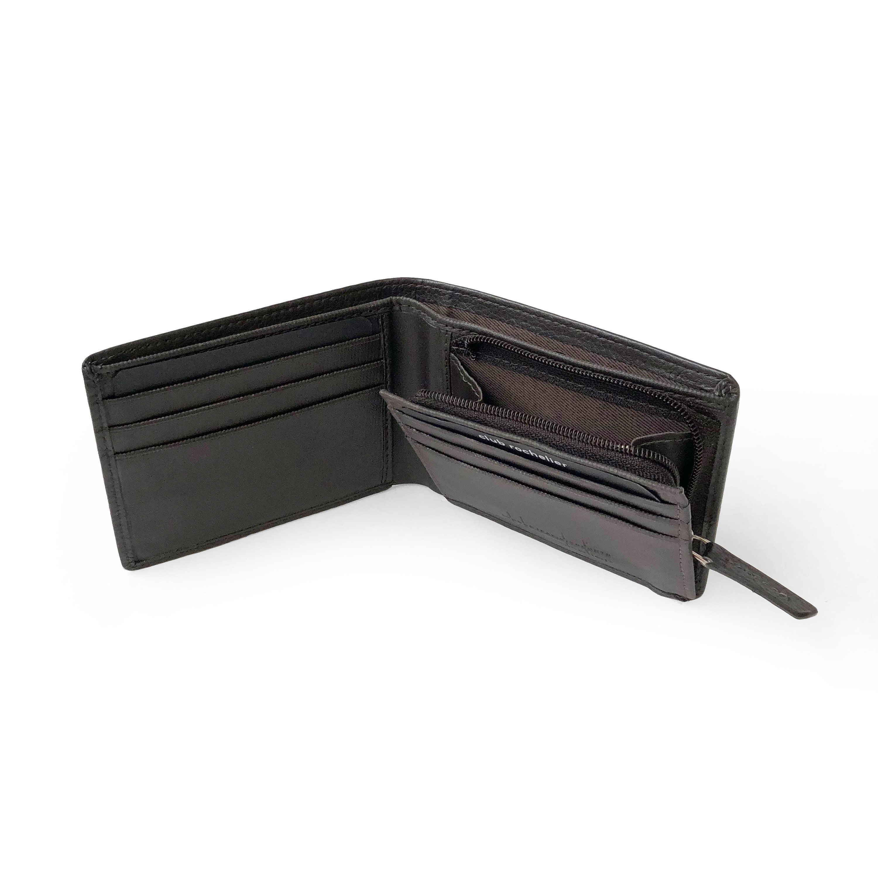 Men's slim leather wallet featuring a zippered coin pocket and multiple card slots, showcasing its stylish and functional design.