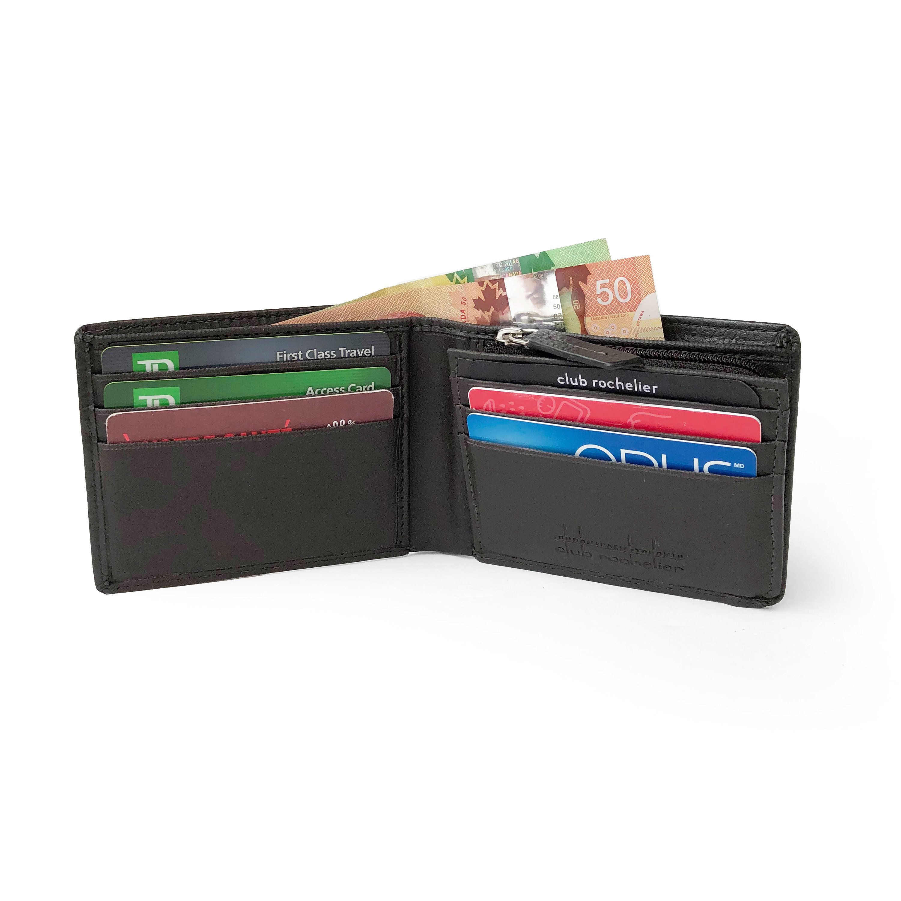 Men's slim leather wallet featuring a zippered coin pocket and multiple card slots, showcasing its stylish and functional design.