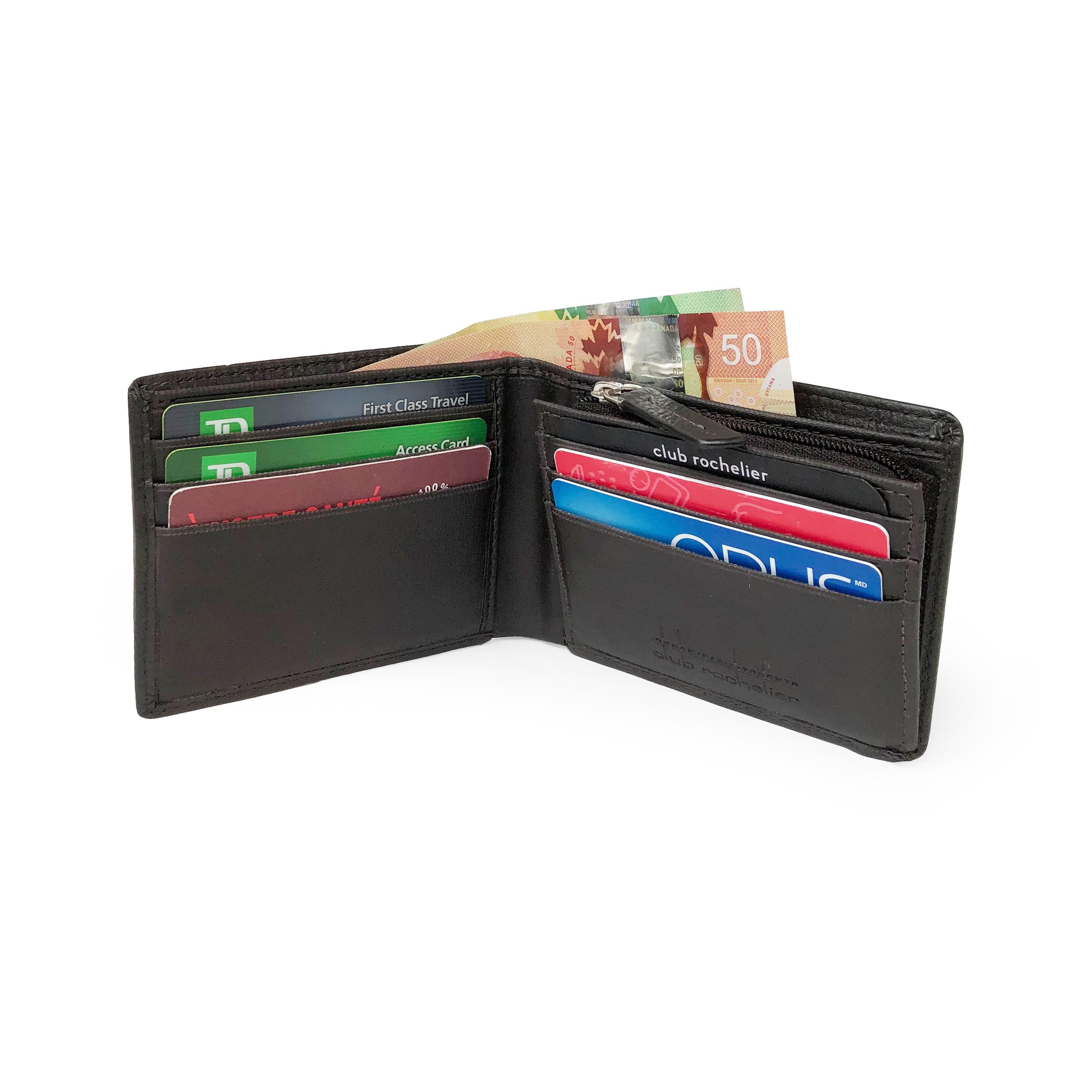 Men's slim leather wallet featuring a zippered coin pocket and multiple card slots, showcasing its stylish and functional design.