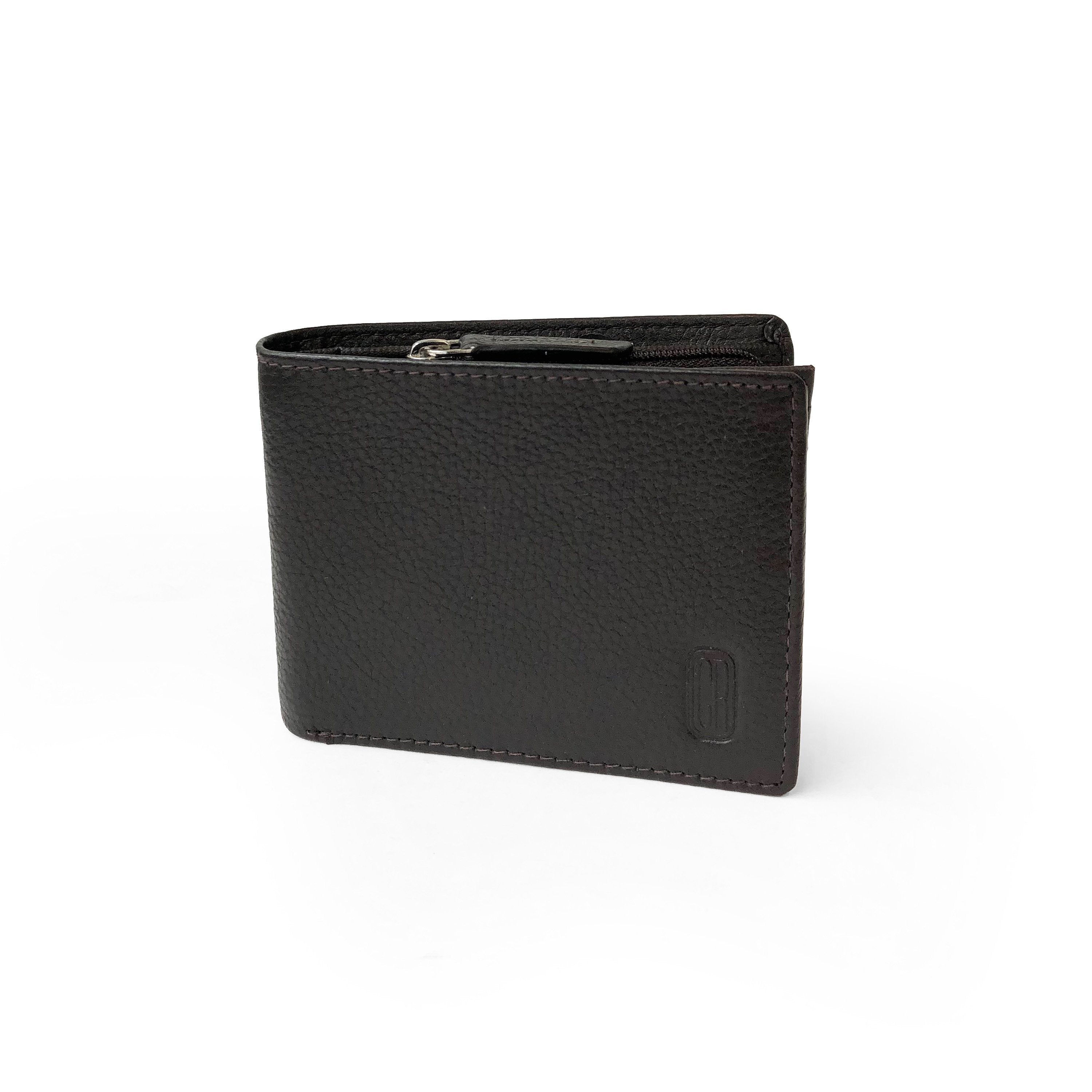 Men's slim leather wallet featuring a zippered coin pocket and multiple card slots, showcasing its stylish and functional design.