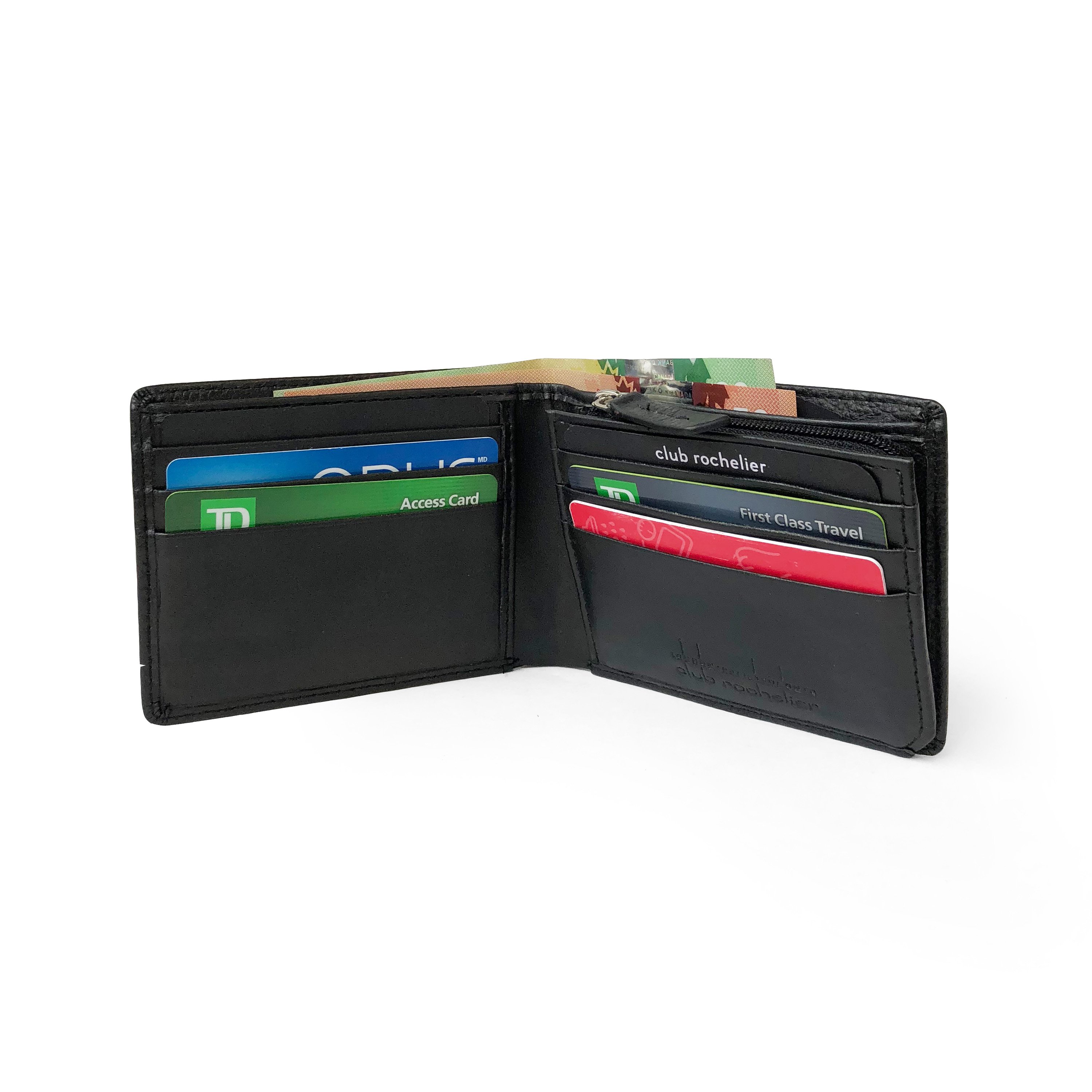 Men's slim leather wallet featuring a zippered coin pocket and multiple card slots, showcasing its stylish and functional design.