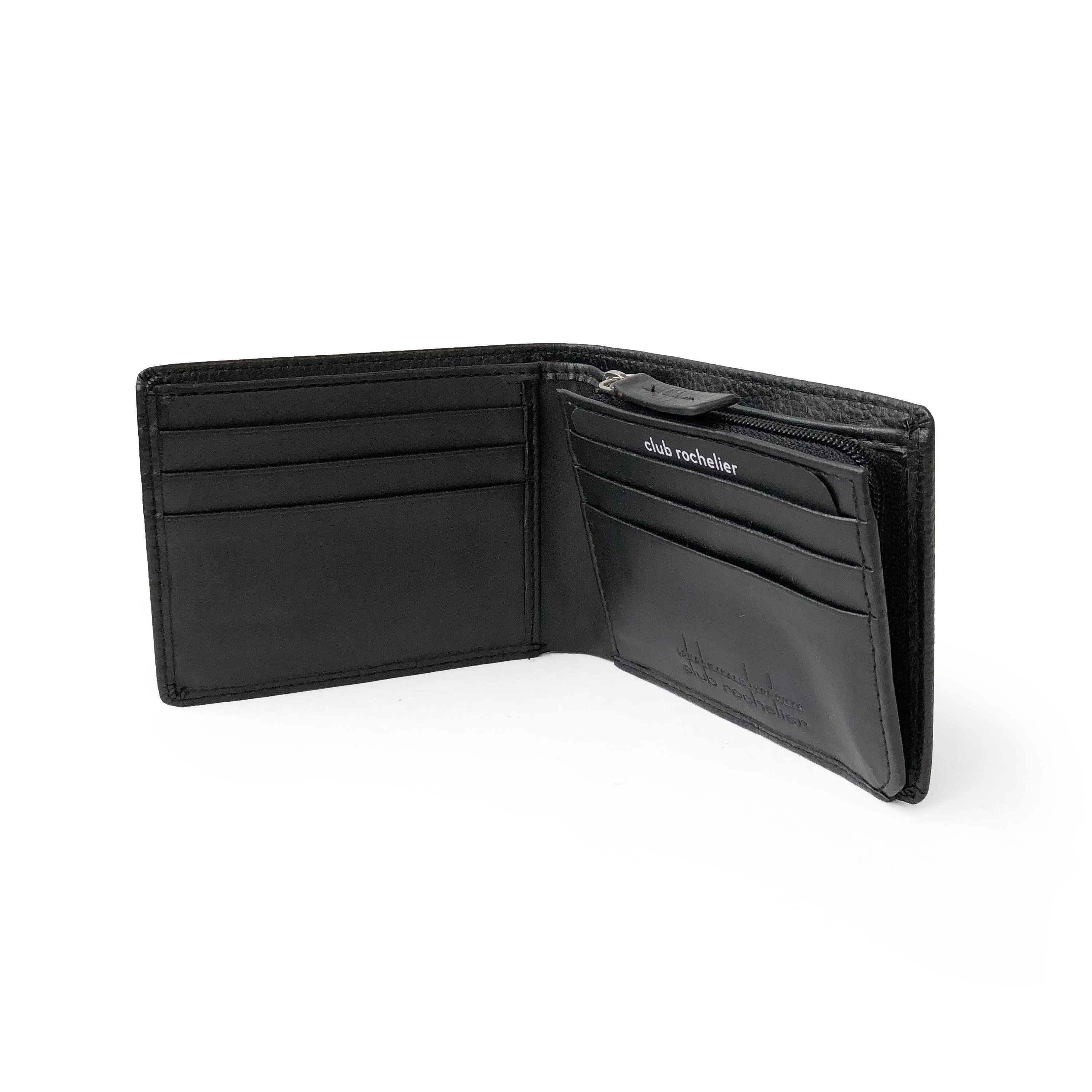 Men's slim leather wallet featuring a zippered coin pocket and multiple card slots, showcasing its stylish and functional design.