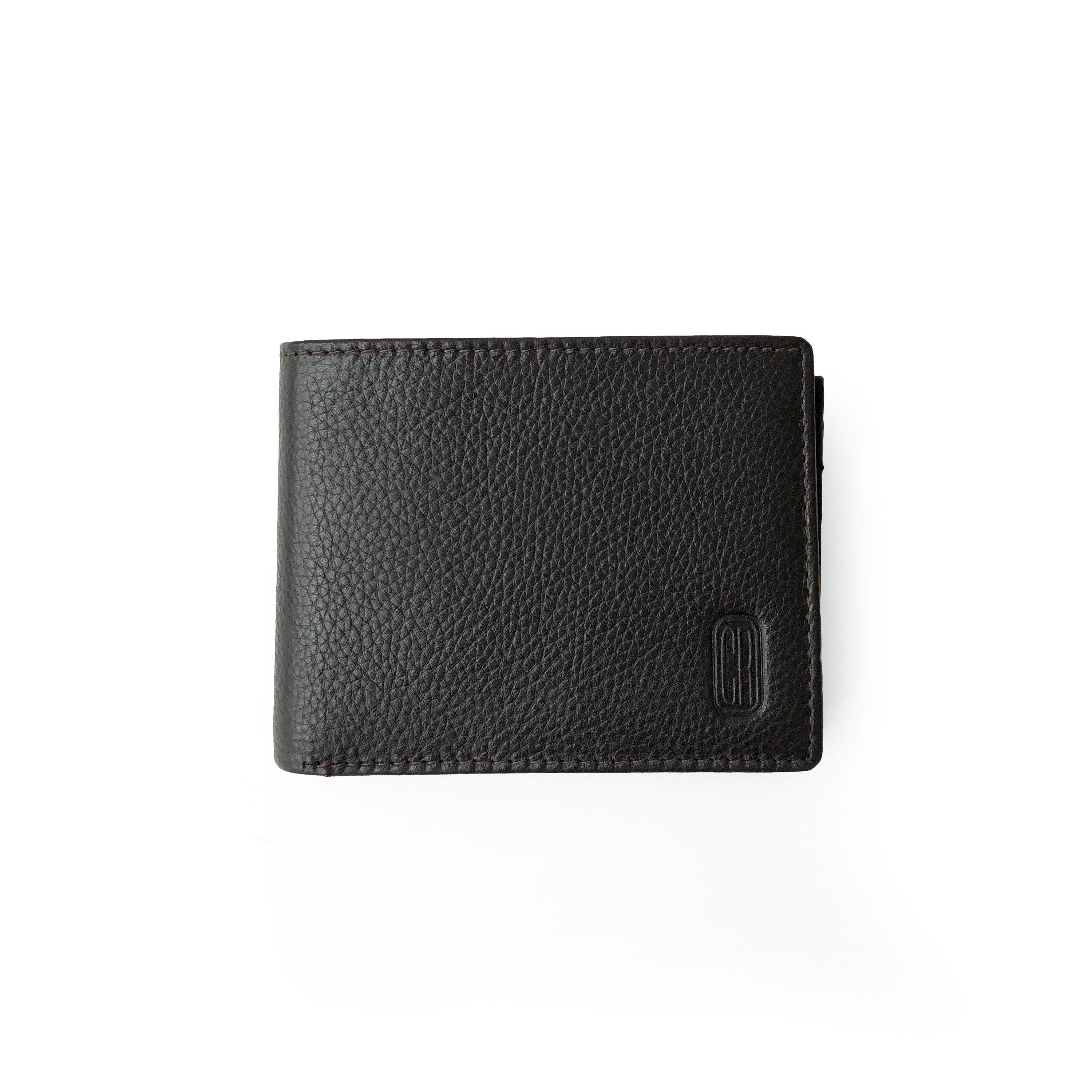 Men's slim leather wallet featuring a zippered coin pocket and multiple card slots, showcasing its stylish and functional design.