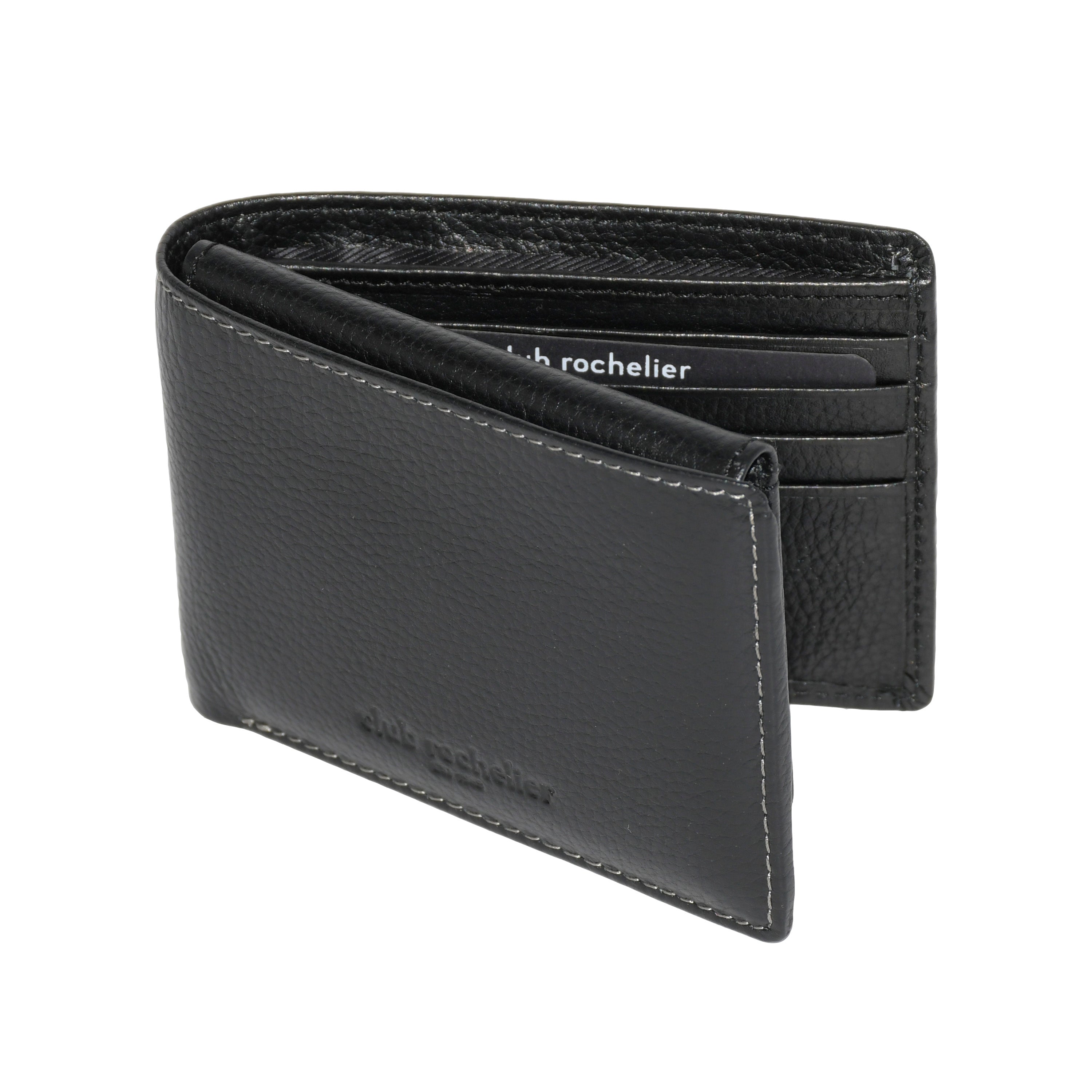 Men's Slimfold Wallet in genuine leather with removable ID holder, featuring multiple card slots and RFID protection.