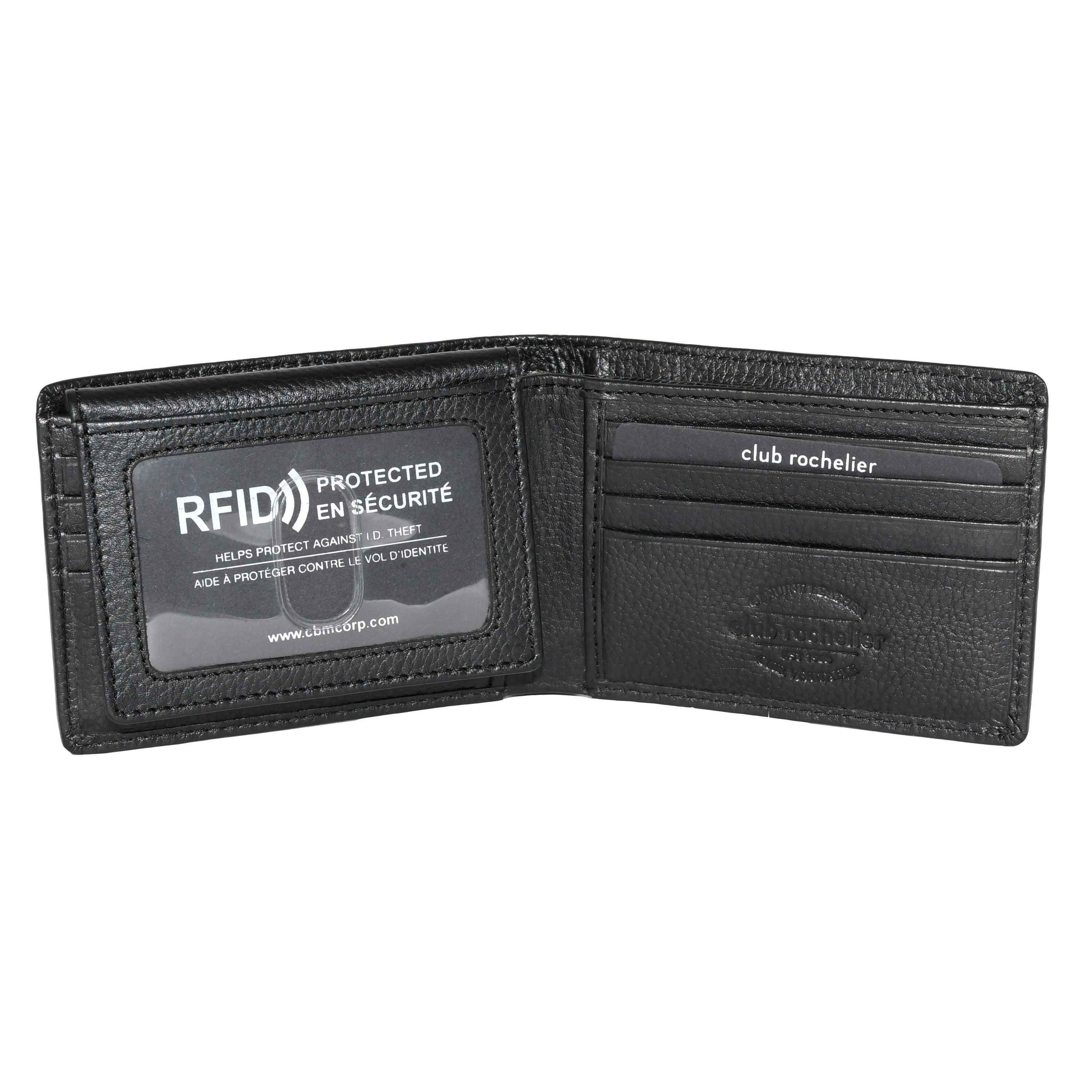 Men's Slimfold Wallet in genuine leather with removable ID holder, featuring multiple card slots and RFID protection.