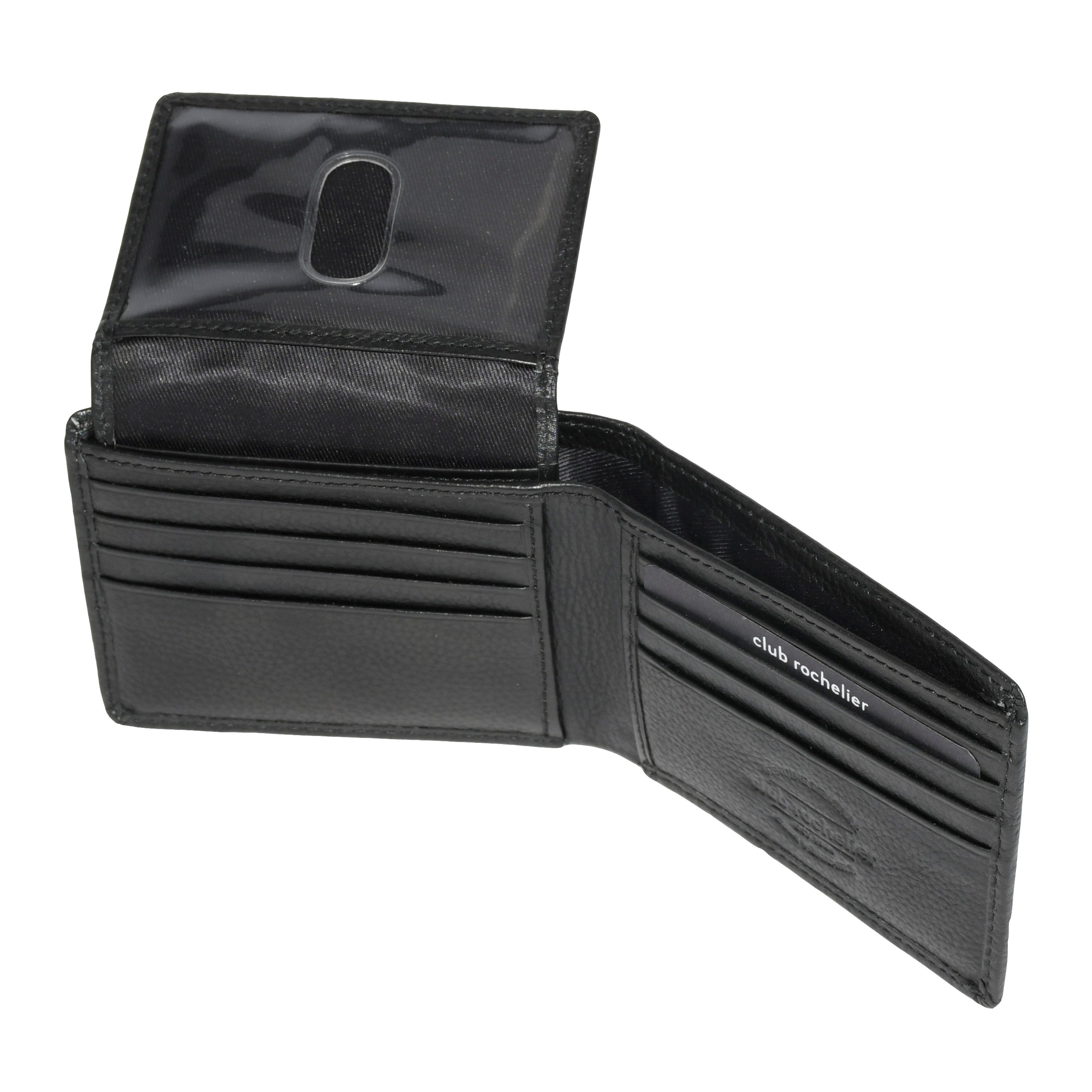 Men's Slimfold Wallet in genuine leather with removable ID holder, featuring multiple card slots and RFID protection.