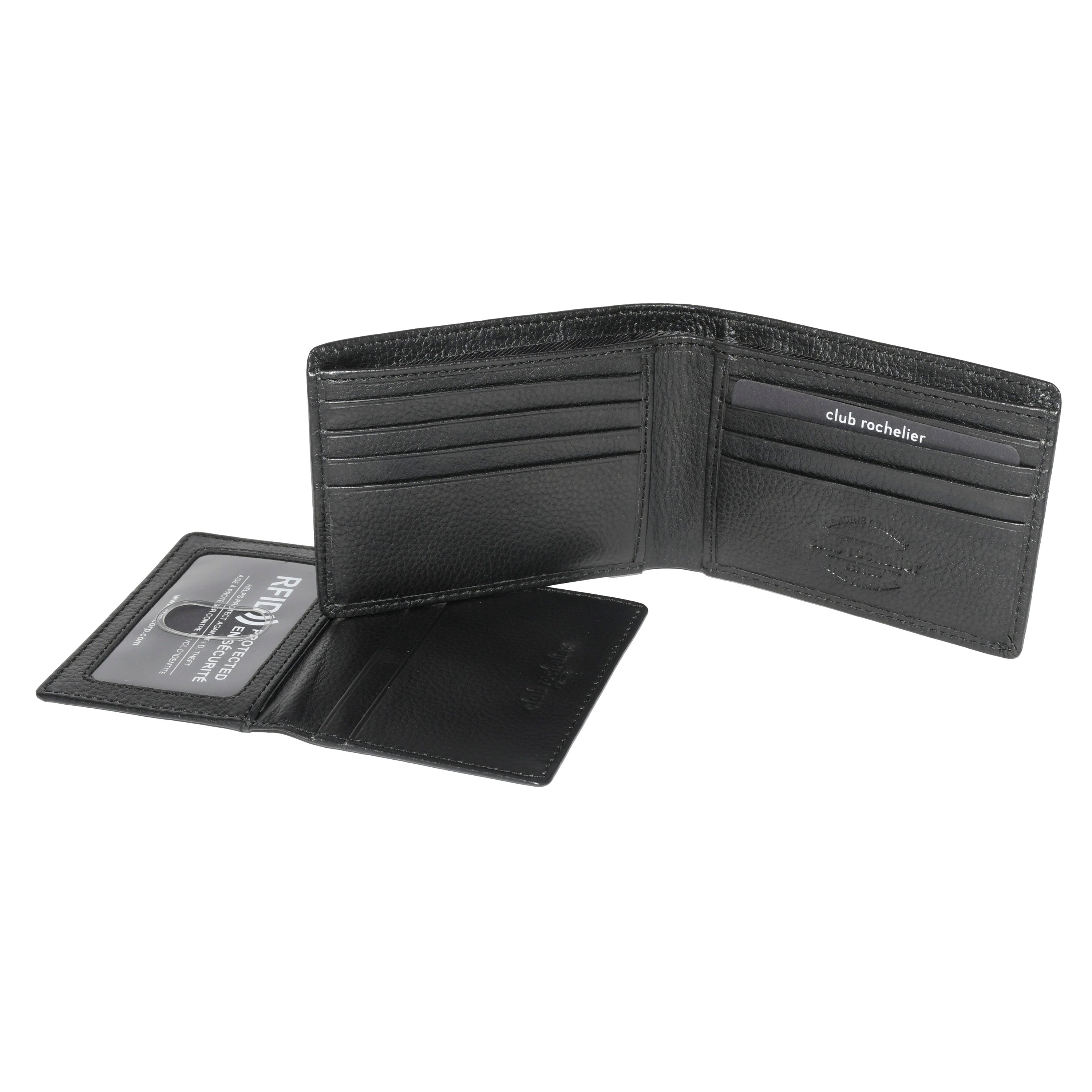 Men's Slimfold Wallet in genuine leather with removable ID holder, featuring multiple card slots and RFID protection.