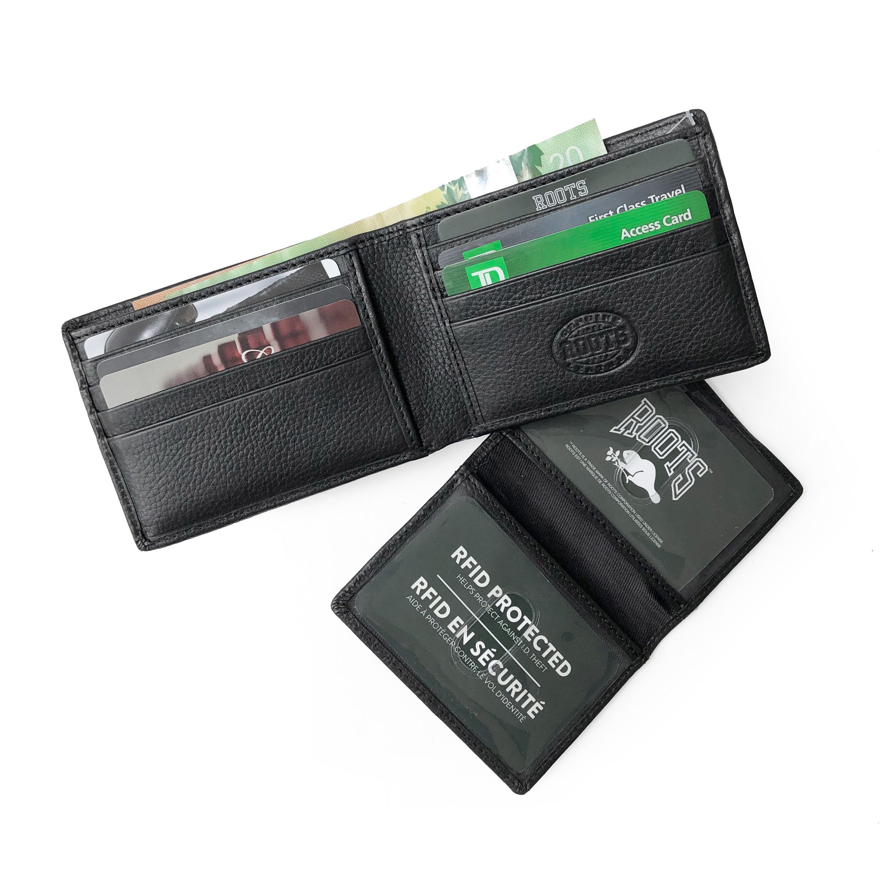 Men's Slimfold Wallet with Removable ID featuring RFID protection, 10 credit card slots, and stylish colour block design.