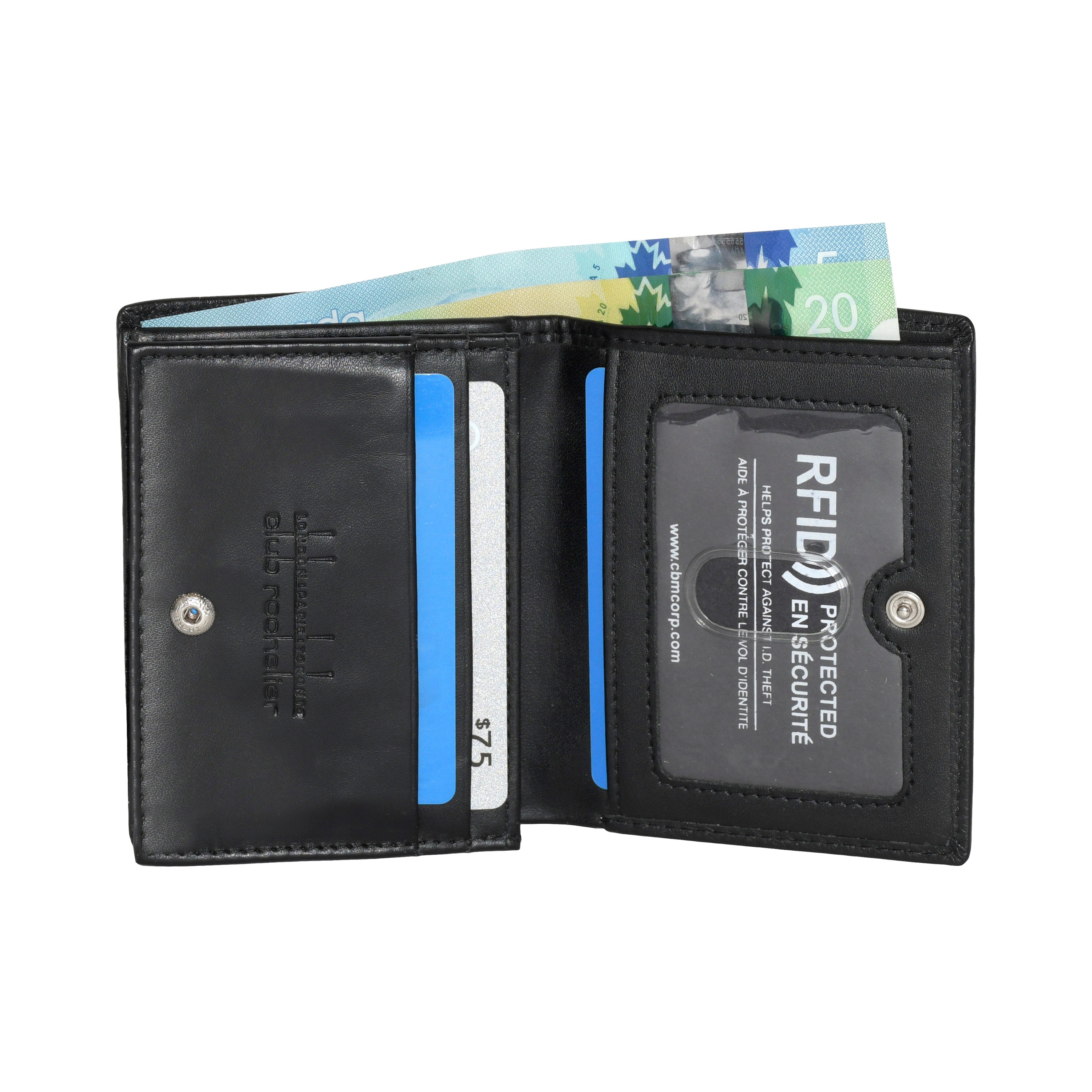 Men's Snap Cardholder and Billfold Wallet in sleek leather, featuring credit card slots, ID window, and bill compartment.