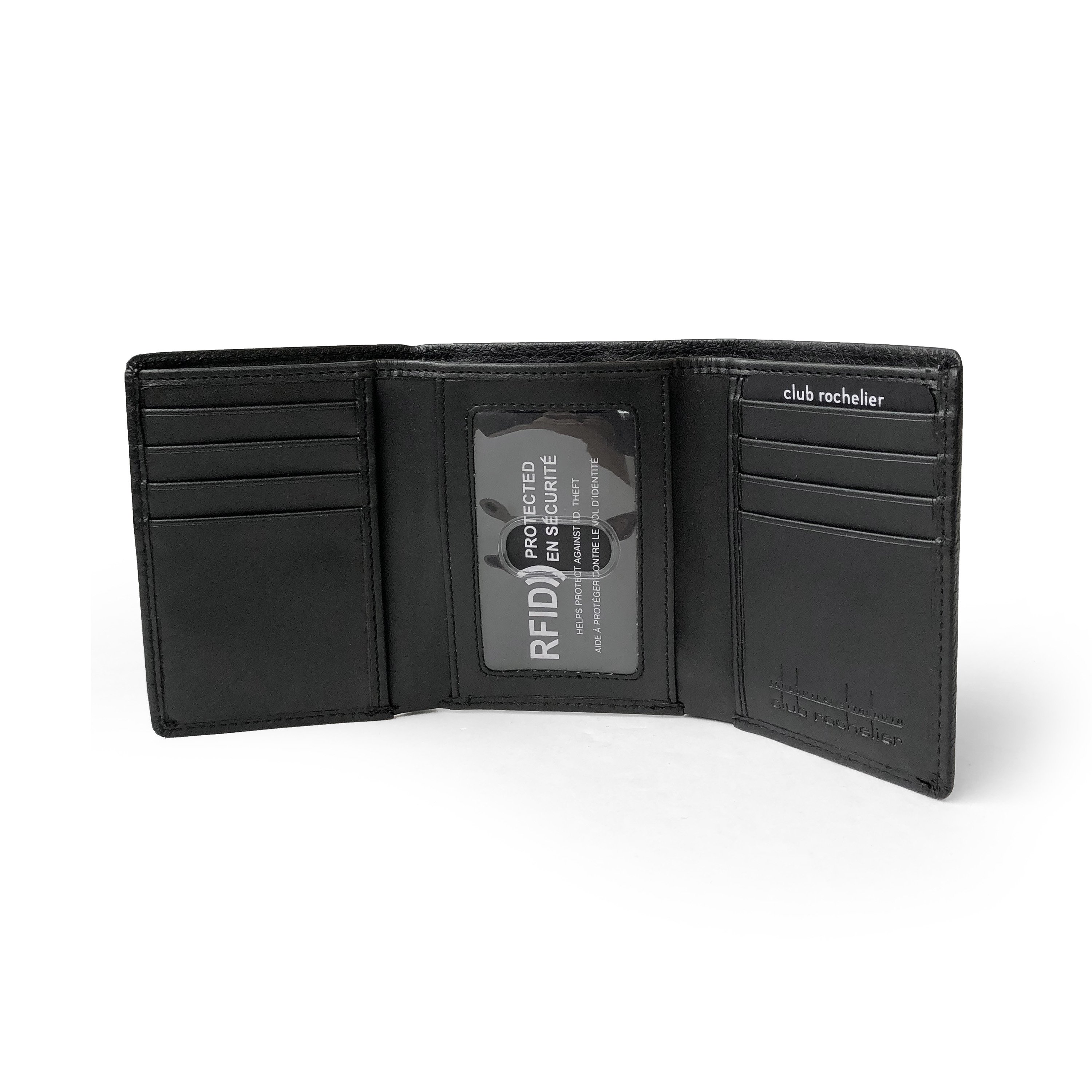 Men's Trifold Wallet made of genuine leather with multiple card slots and a sleek design.