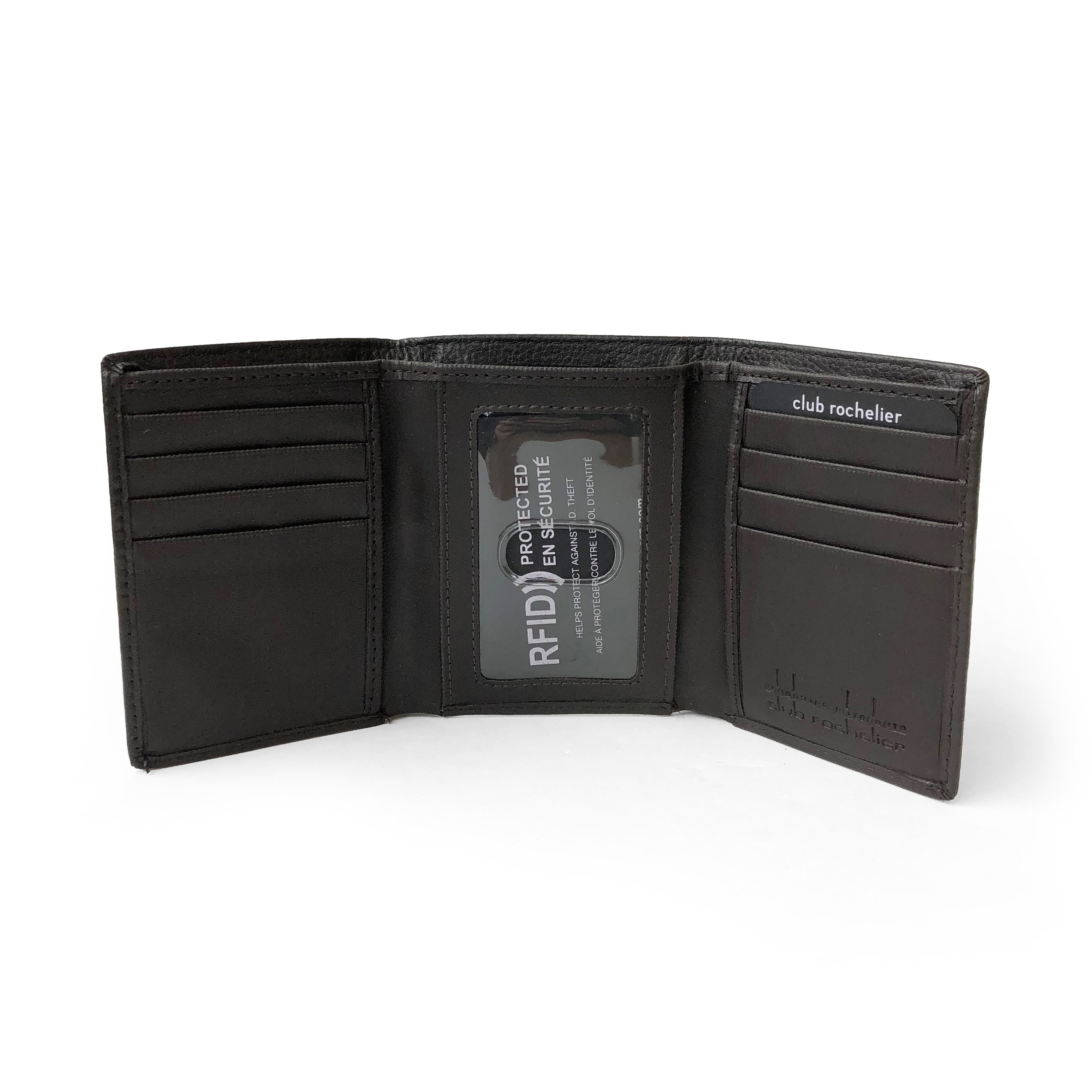 Men's Trifold Wallet made of genuine leather with multiple card slots and a sleek design.