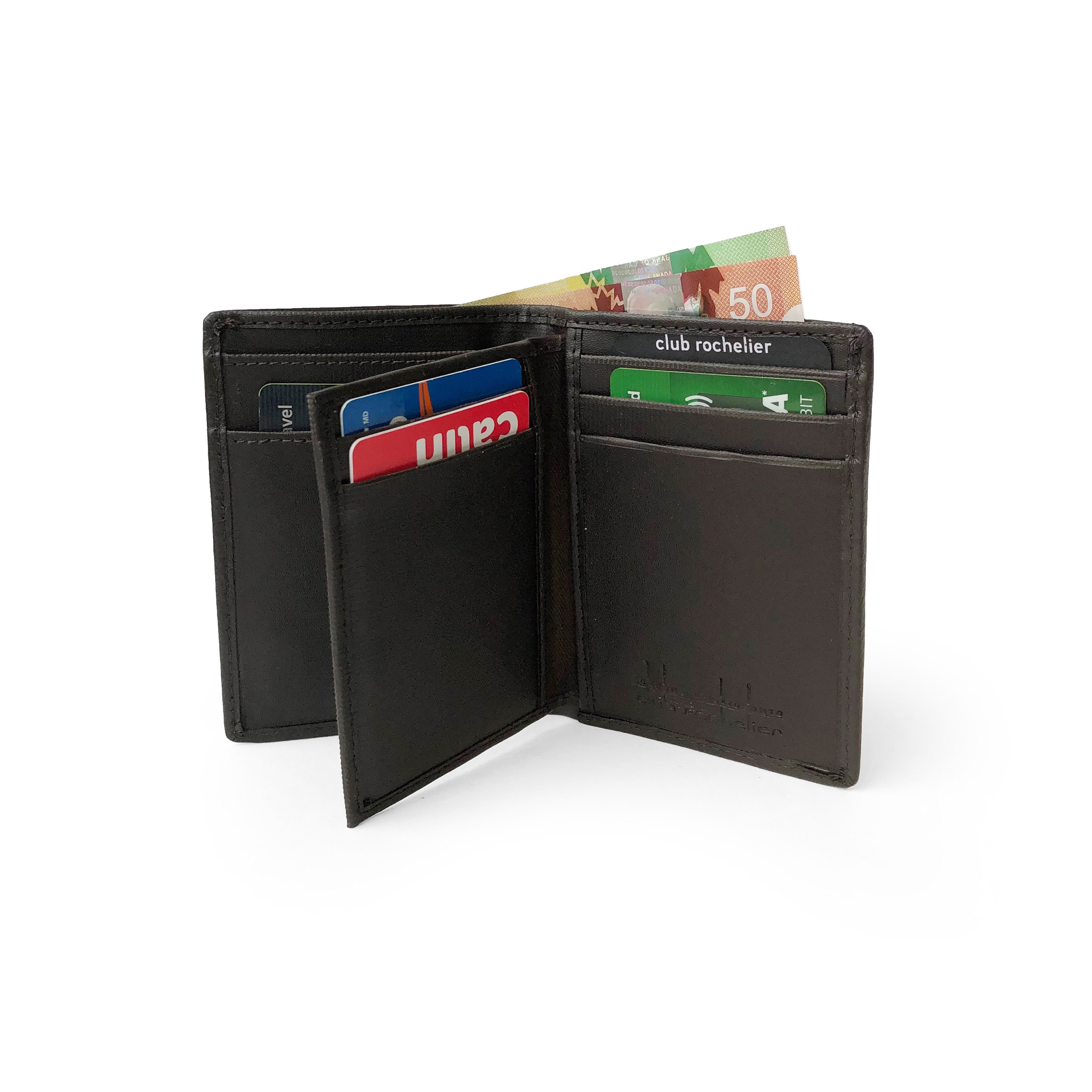 Men's Vertical SlimFold Wallet in leather with multiple card slots and ID window.