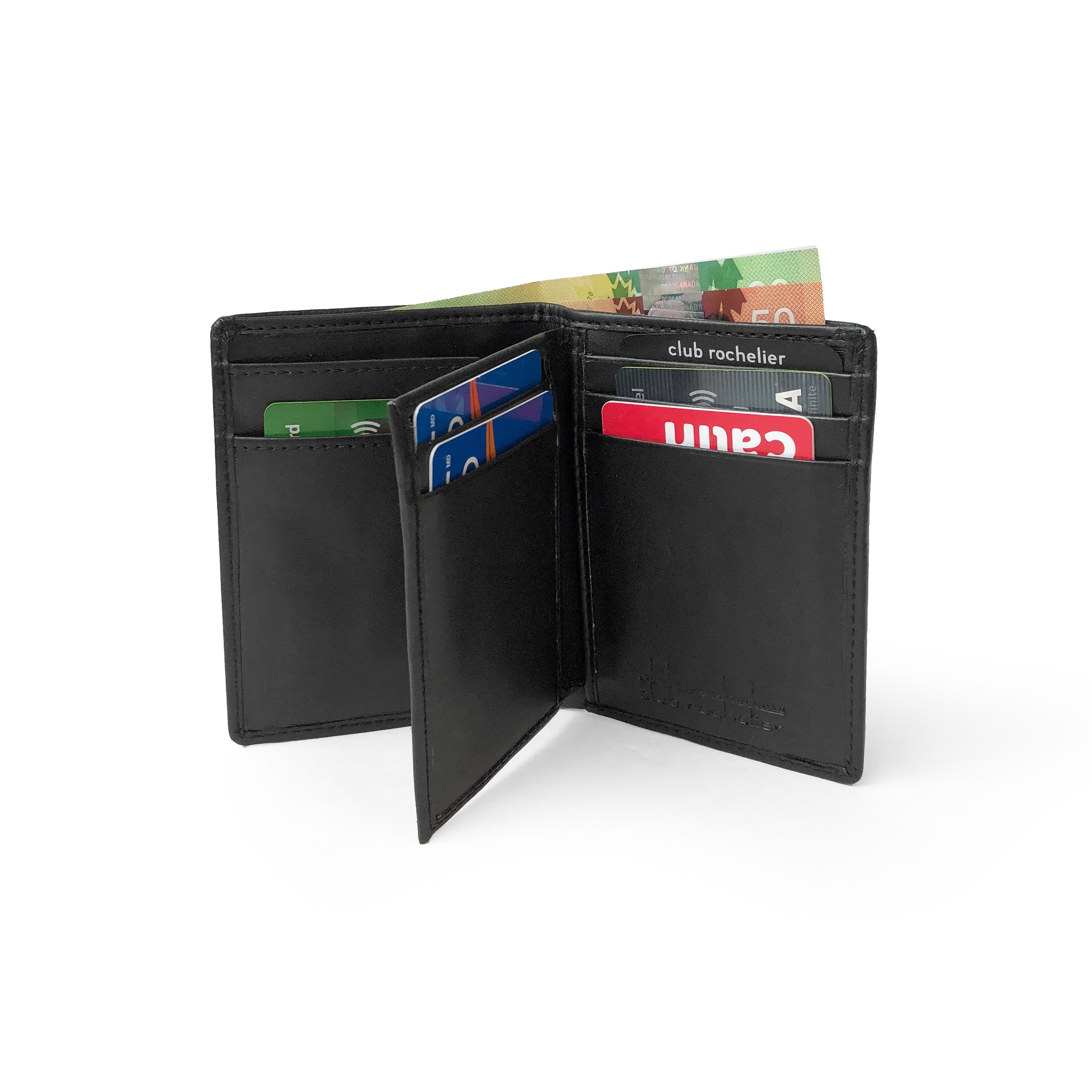 Men's Vertical SlimFold Wallet in leather with multiple card slots and ID window.