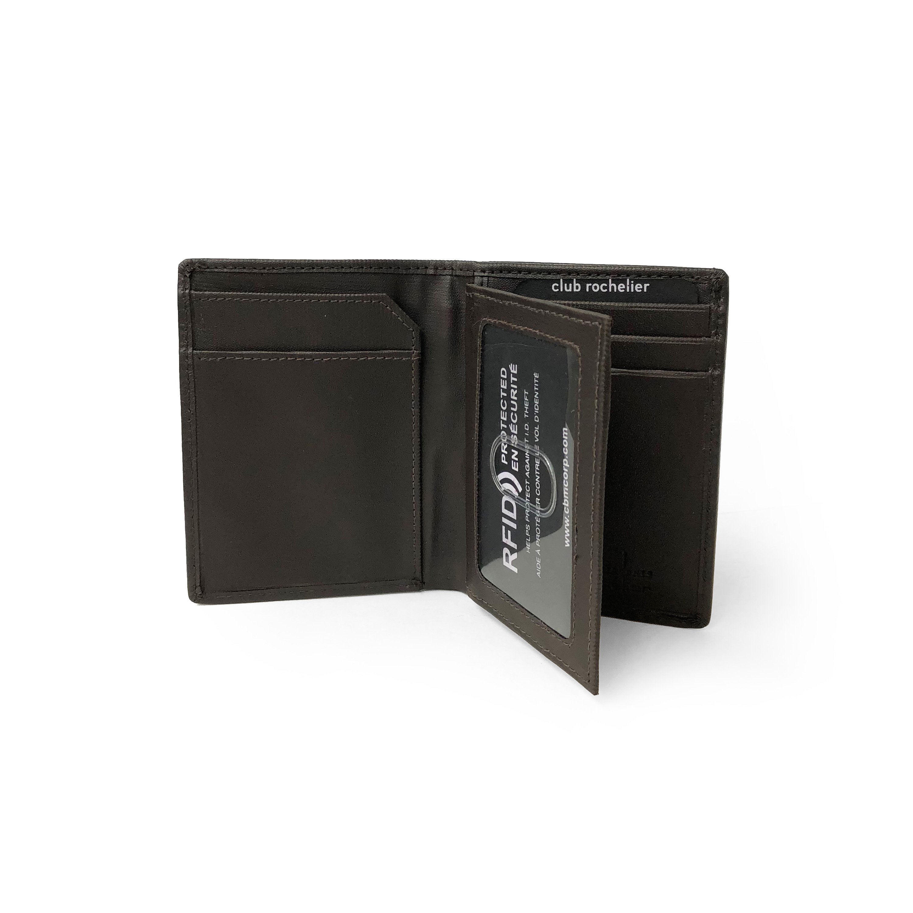 Men's Vertical SlimFold Wallet in leather with multiple card slots and ID window.