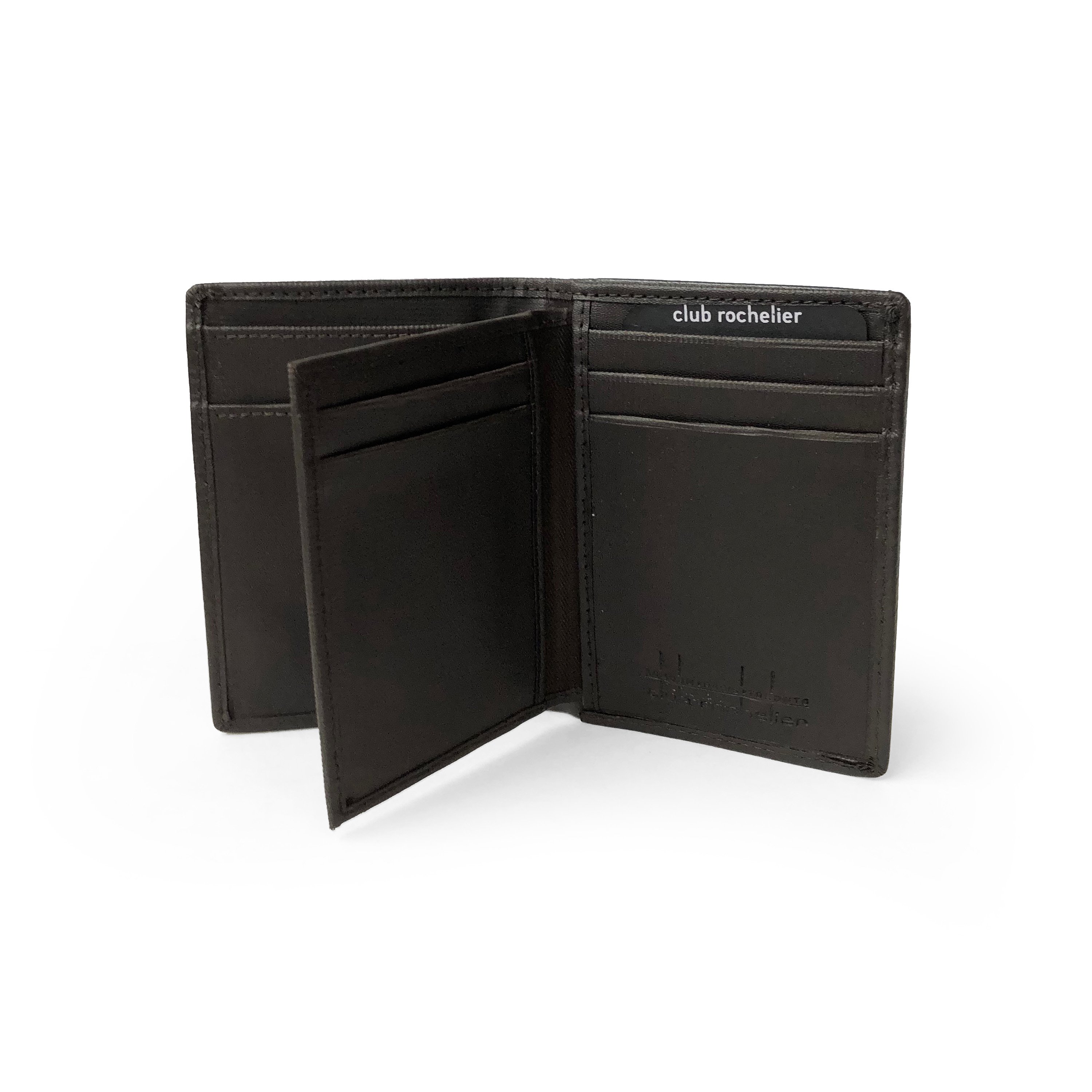 Men's Vertical SlimFold Wallet in leather with multiple card slots and ID window.