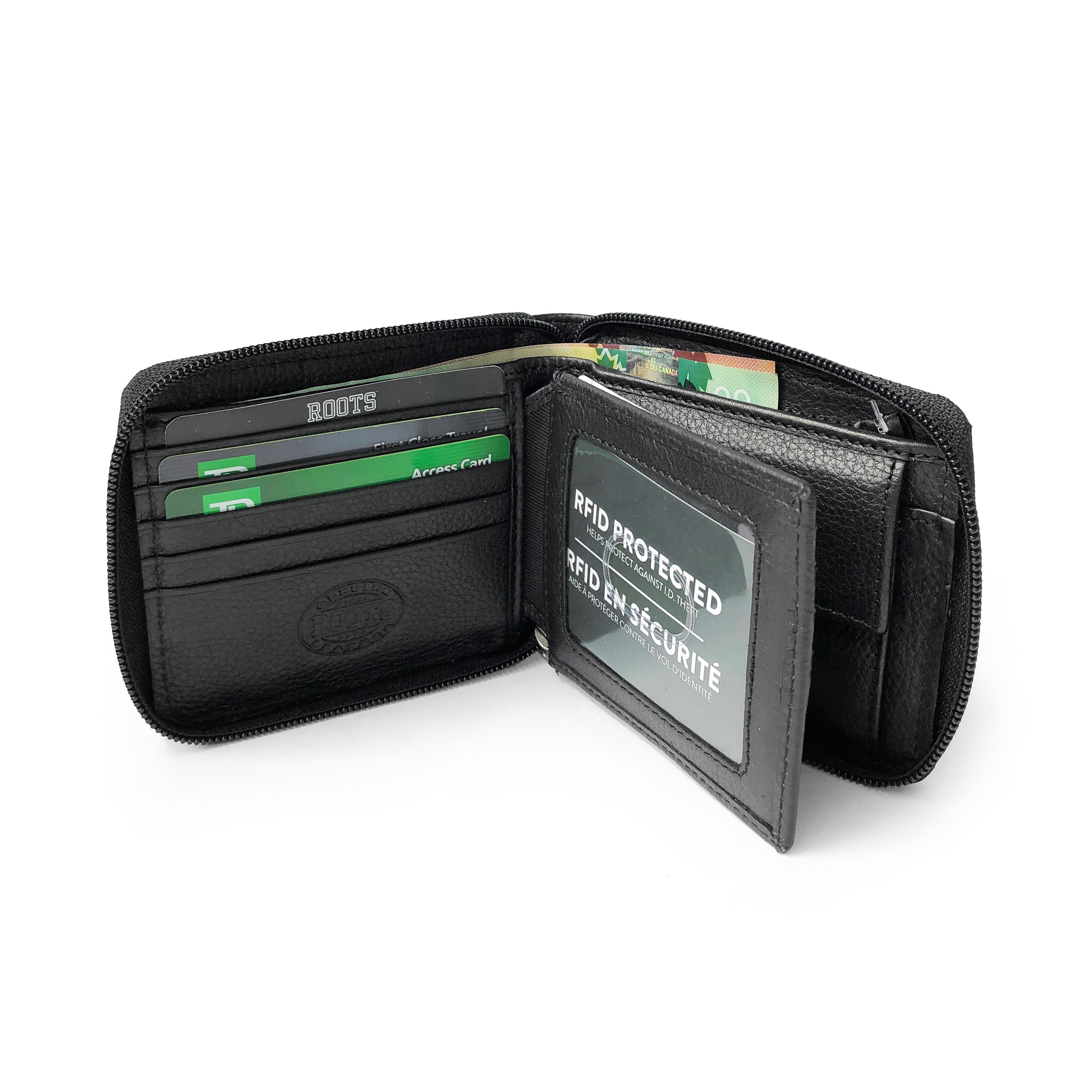 Men's Zip Around Coin Wallet in soft-touch milled leather with multiple compartments and secure zipper closure.