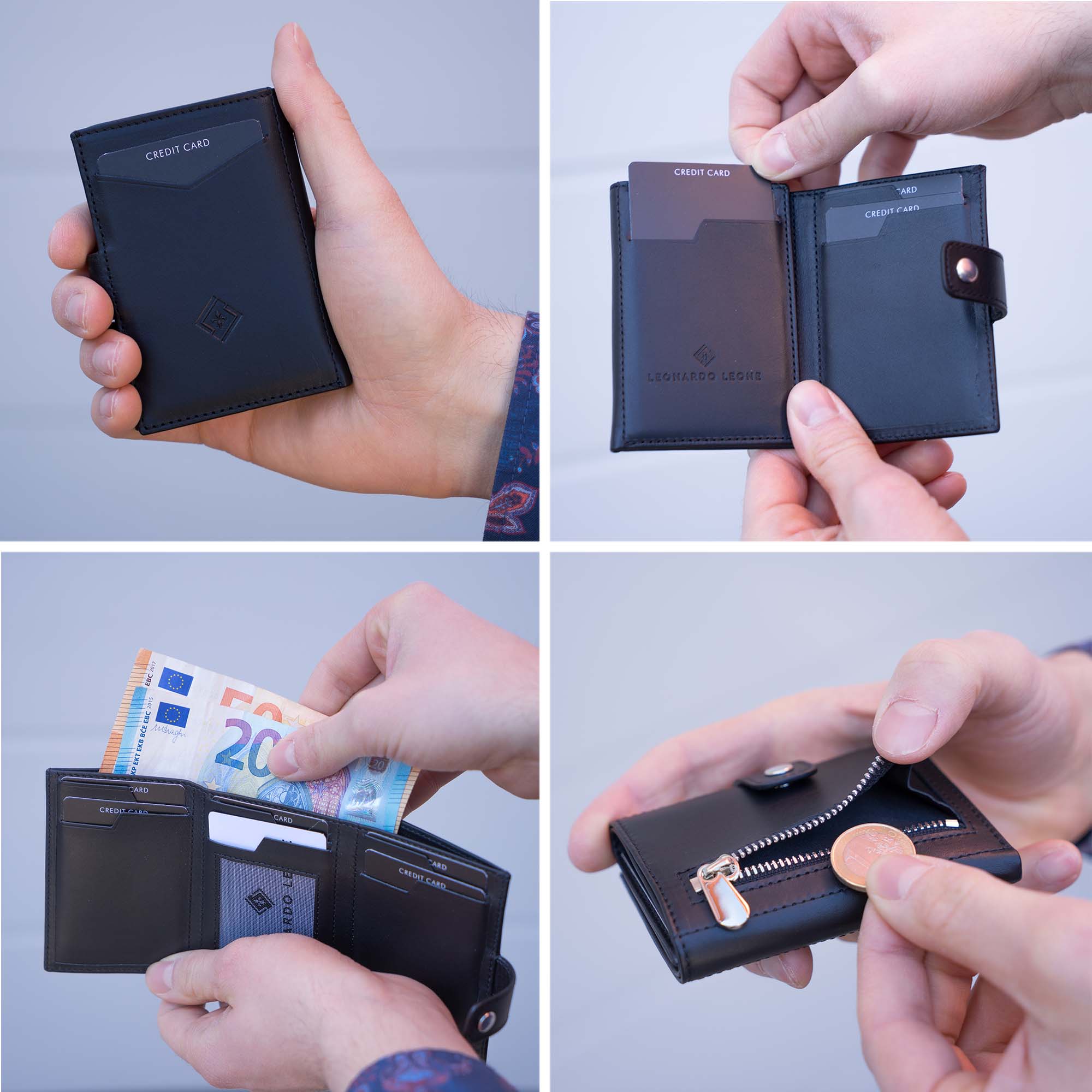 Mini Wallet Torino aus hochwertigem Echtleder, schlankes Design mit RFID-Schutz und Platz für Karten und Münzen.