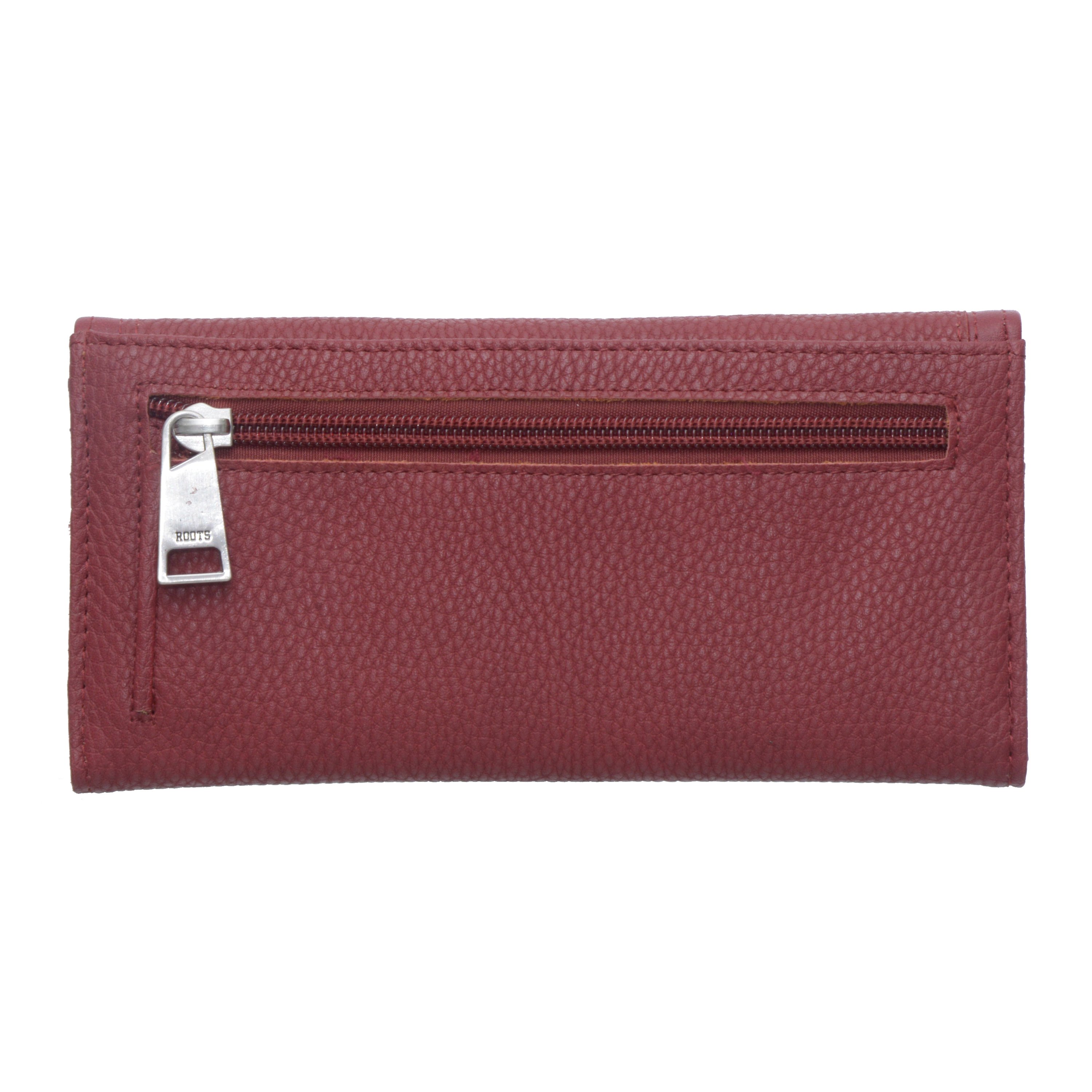 ROOTS Ladies RFID Wallet in high-quality PU leather, featuring multiple card slots, expandable pockets, and RFID protection for secure storage.