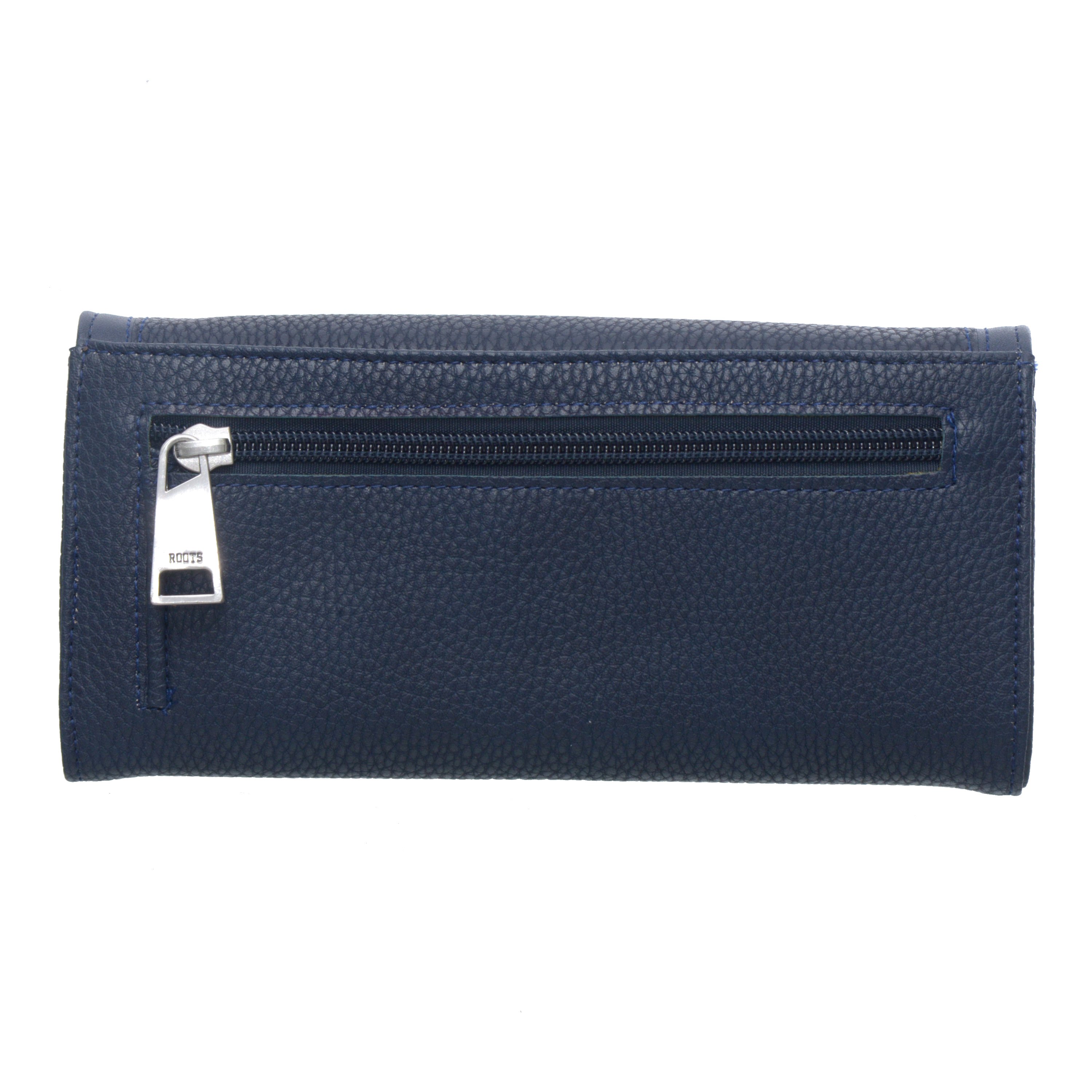 ROOTS Ladies RFID Wallet in high-quality PU leather, featuring multiple card slots, expandable pockets, and RFID protection for secure storage.