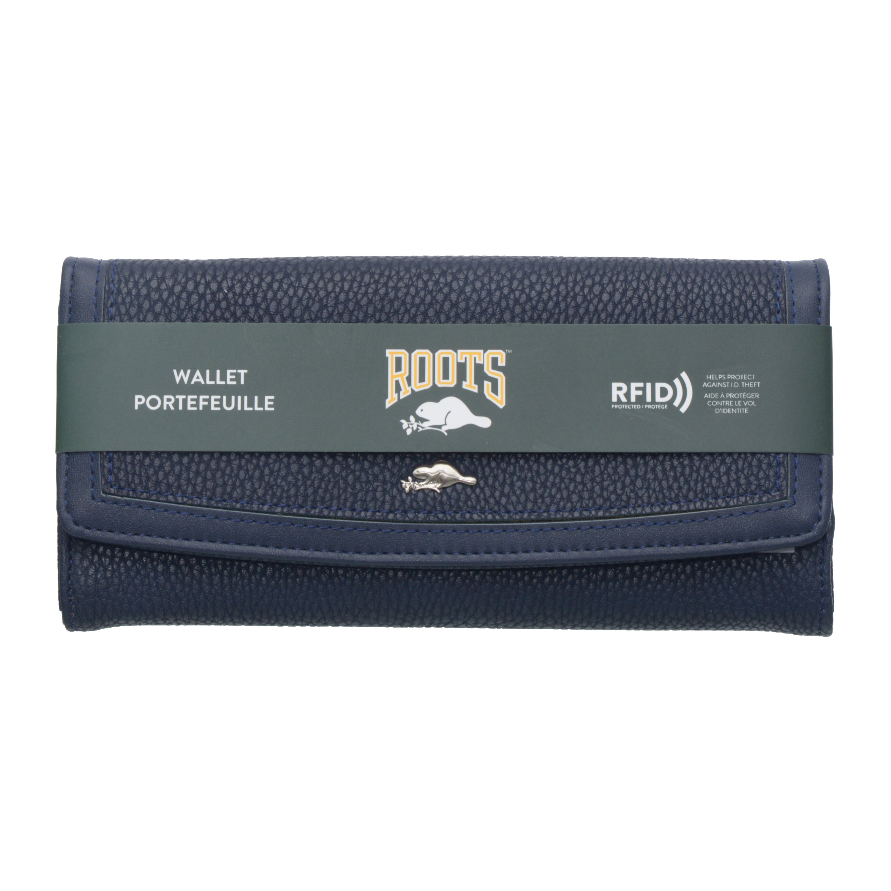 ROOTS Ladies RFID Wallet in high-quality PU leather, featuring multiple card slots, expandable pockets, and RFID protection for secure storage.