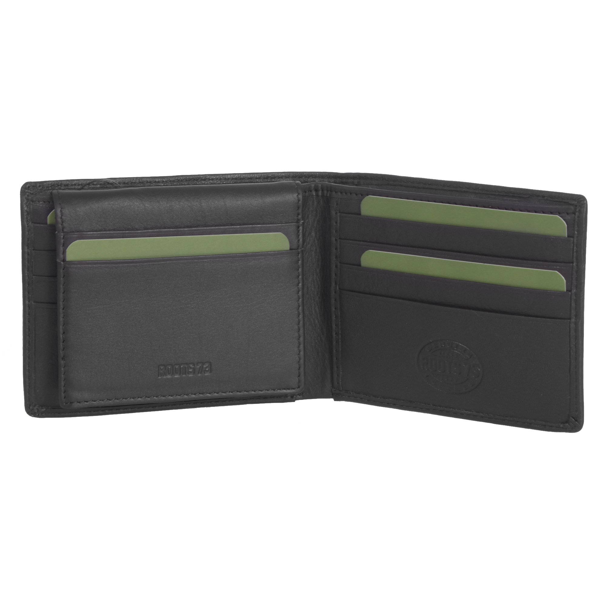 ROOTS Slimfold Wallet in color-block design with removable ID, featuring multiple card slots and RFID protection.