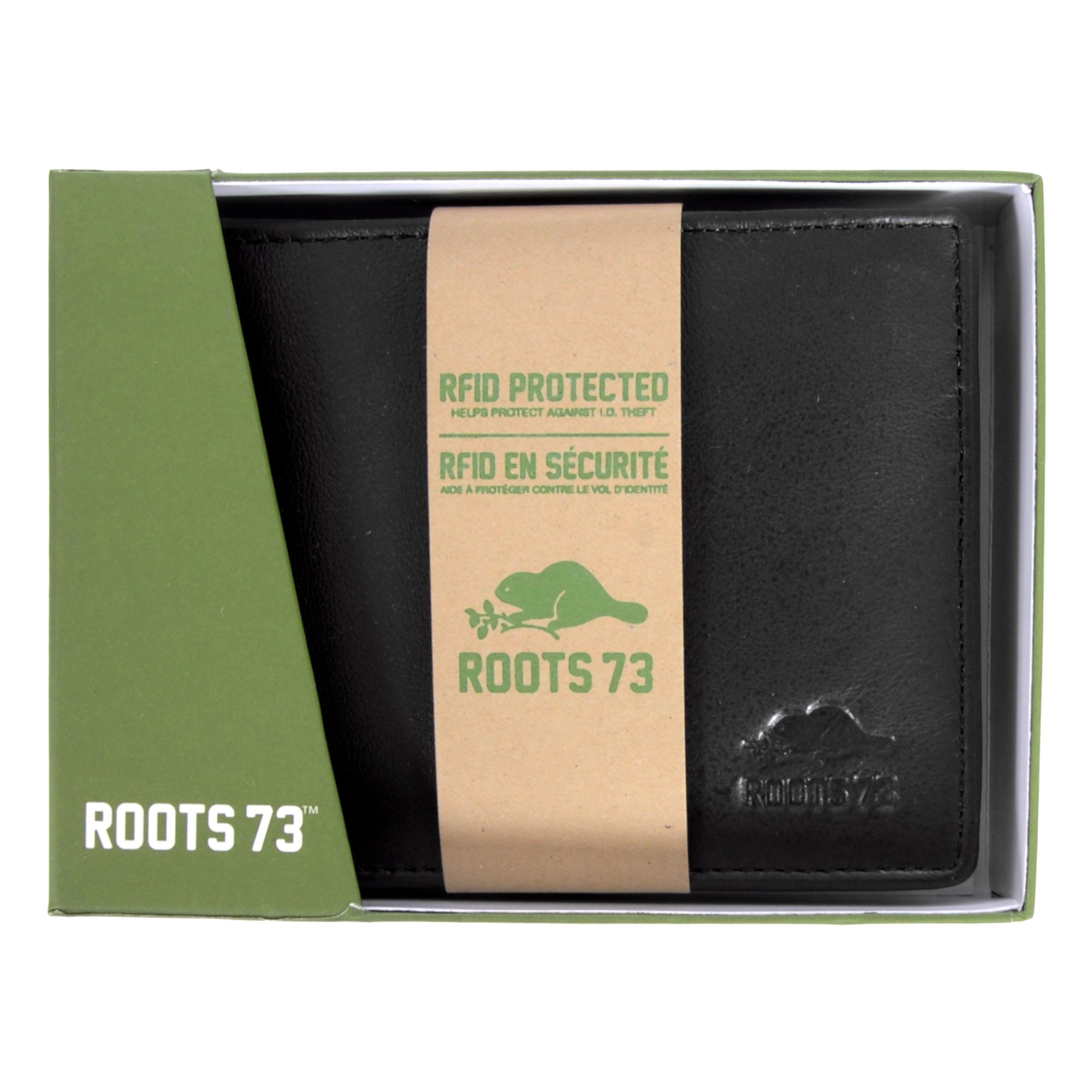 ROOTS Slimfold Wallet in color-block design with removable ID, featuring multiple card slots and RFID protection.