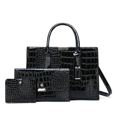 Solid Color Three-Piece Young Lady's Messenger Bag set featuring a stylish crocodile pattern, made from first layer cowhide with a zipper opening.