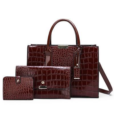 Solid Color Three-Piece Young Lady's Messenger Bag set featuring a stylish crocodile pattern, made from first layer cowhide with a zipper opening.