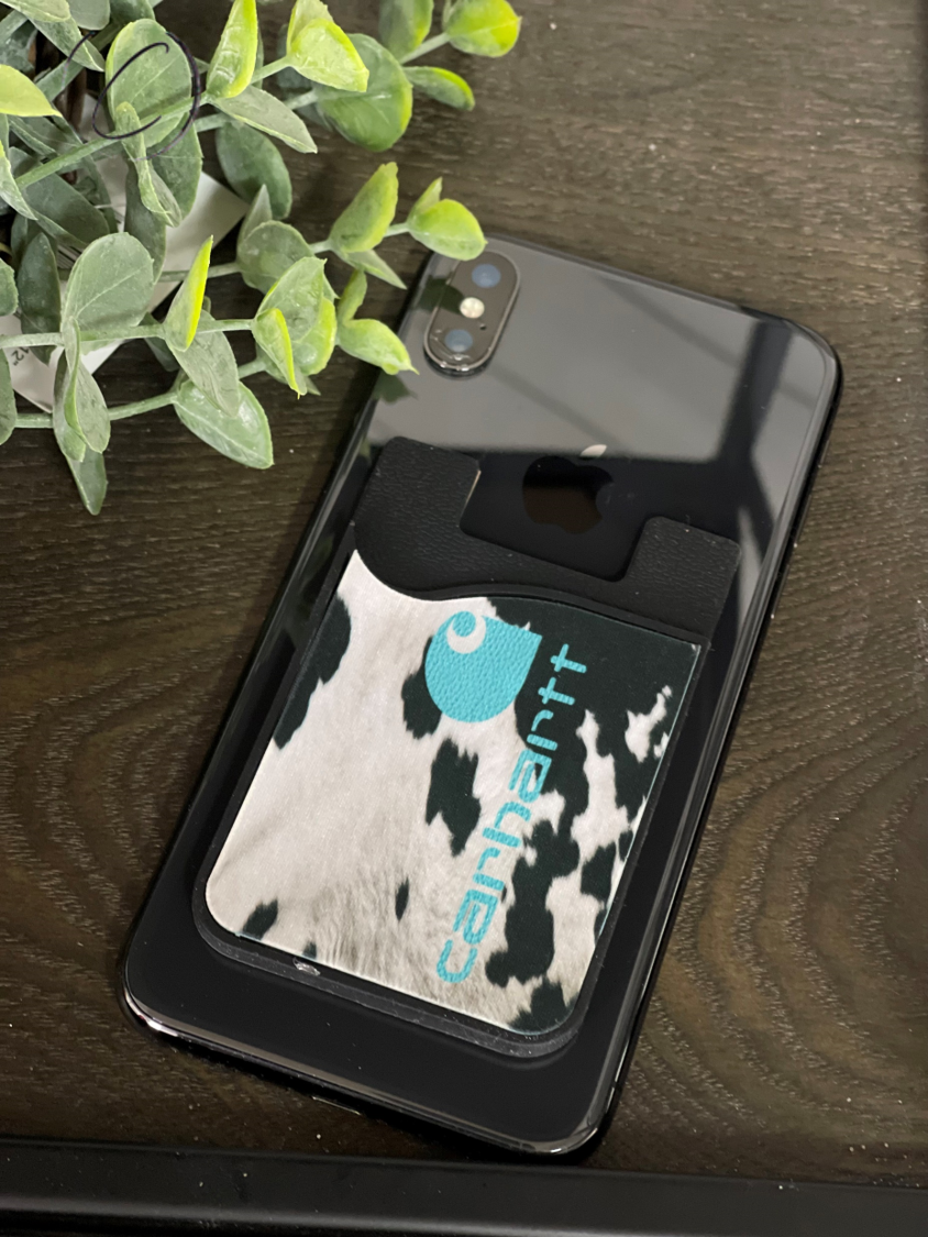 Teal Cowhide Carhartt Card Caddy Phone Wallet with microfiber screen cleaner attached, showcasing its stylish design and functionality.