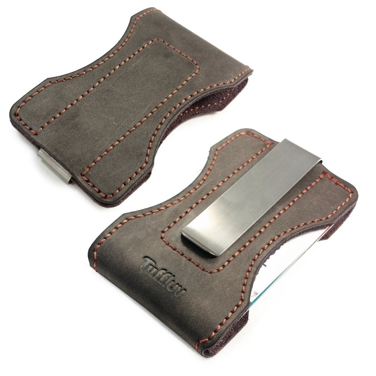 Leather card holder with clip.