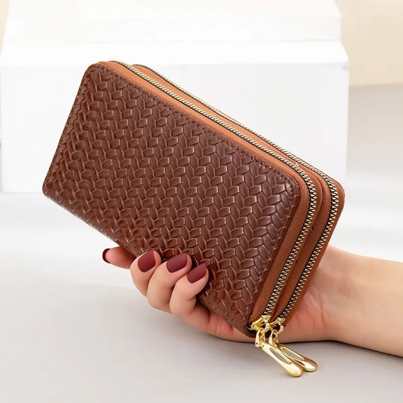 A stylish weaved designer wallet for women, showcasing multiple compartments and available in various colors.