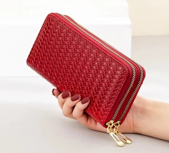 A stylish weaved designer wallet for women, showcasing multiple compartments and available in various colors.