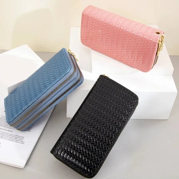 A stylish weaved designer wallet for women, showcasing multiple compartments and available in various colors.