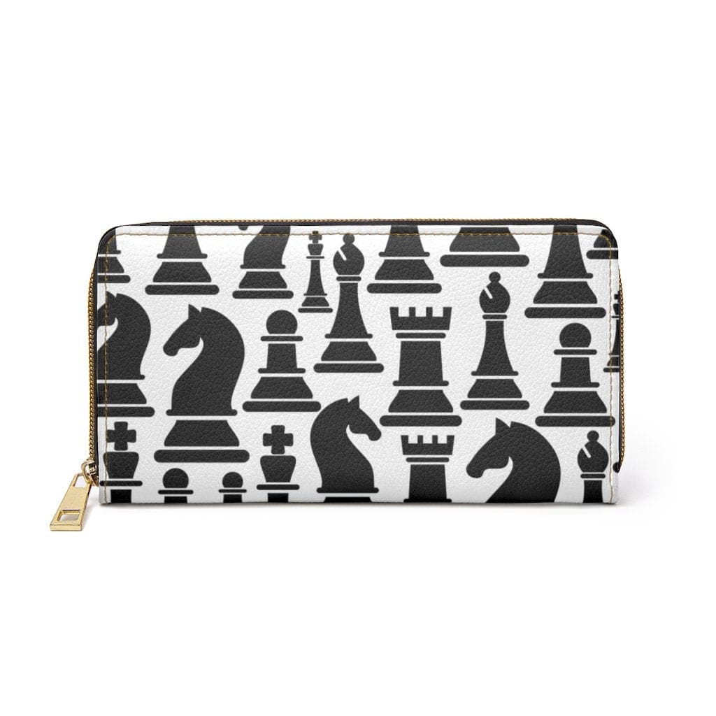 Women's zip wallet featuring a stylish black and white chess pattern, made from cruelty-free faux leather with gold stitching.