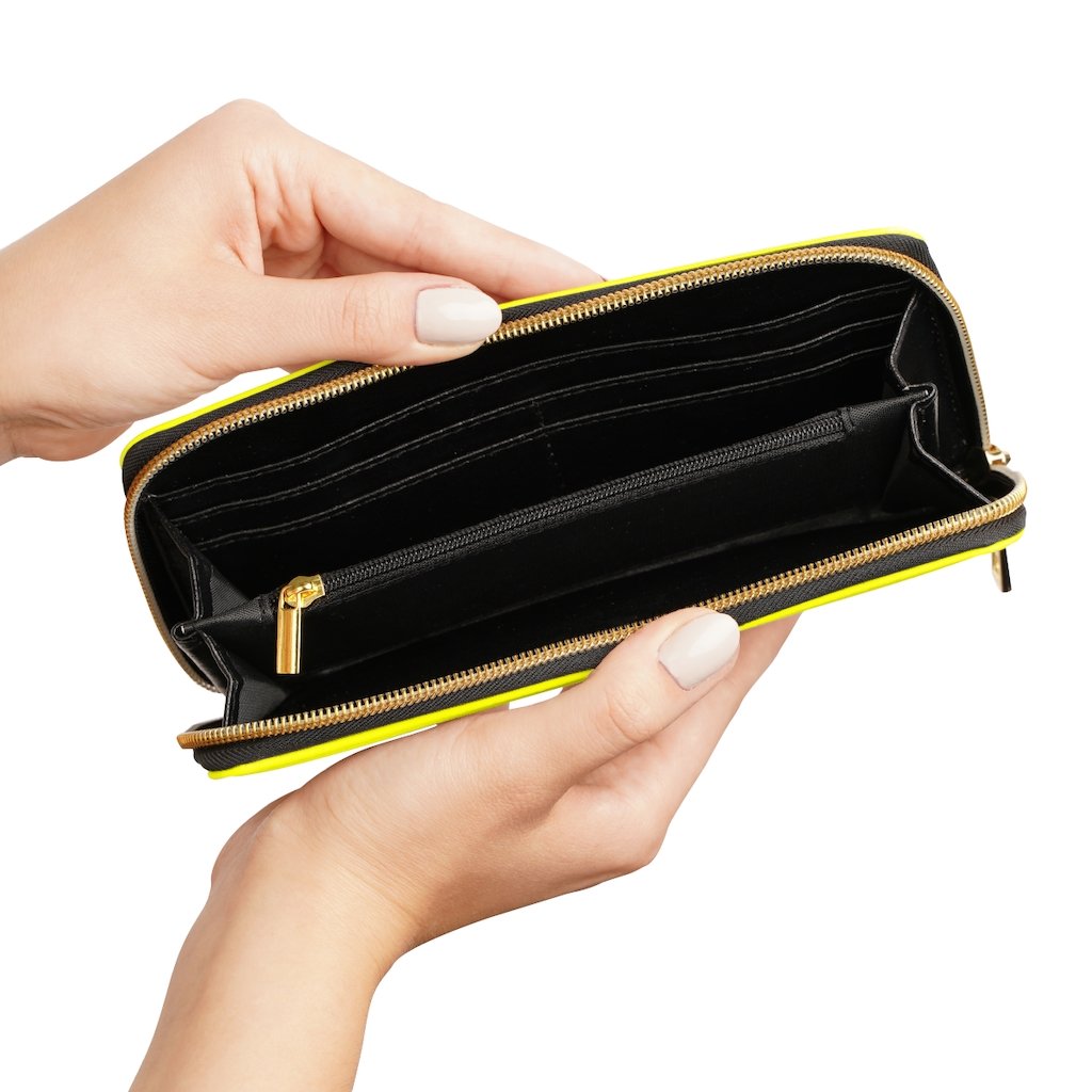 Bright yellow women's zip wallet made of faux leather with multiple pockets for cards and cash.