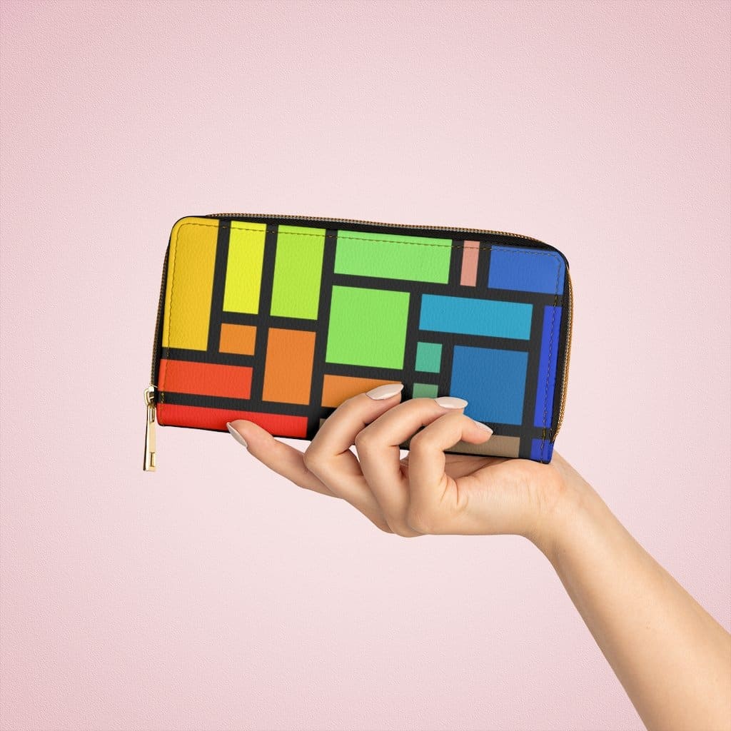 Multicolor zip wallet for women, featuring a stylish colorblock design and durable faux leather material.