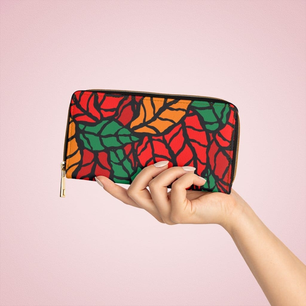 Stylish red and green zip wallet for women, made from faux leather with gold stitching, perfect for autumn.