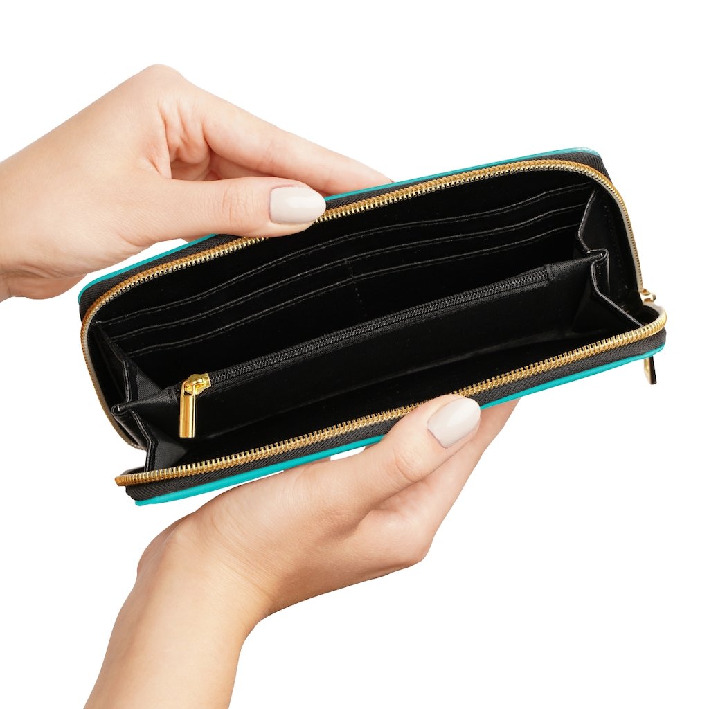 Teal green women's zip wallet made of faux leather with gold stitching and multiple pockets for cards and cash.