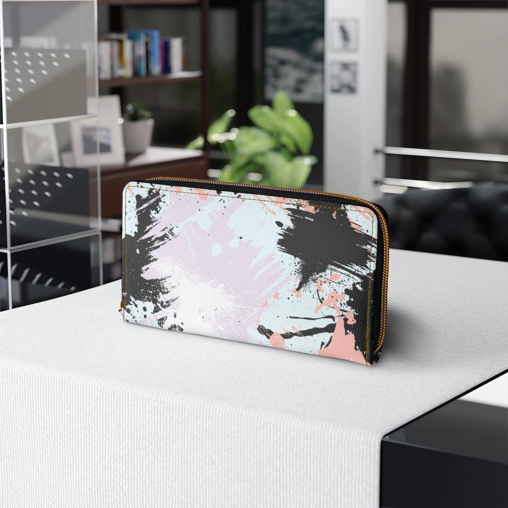 Stylish women's zip wallet in white and peach, showcasing its elegant design and functional features.