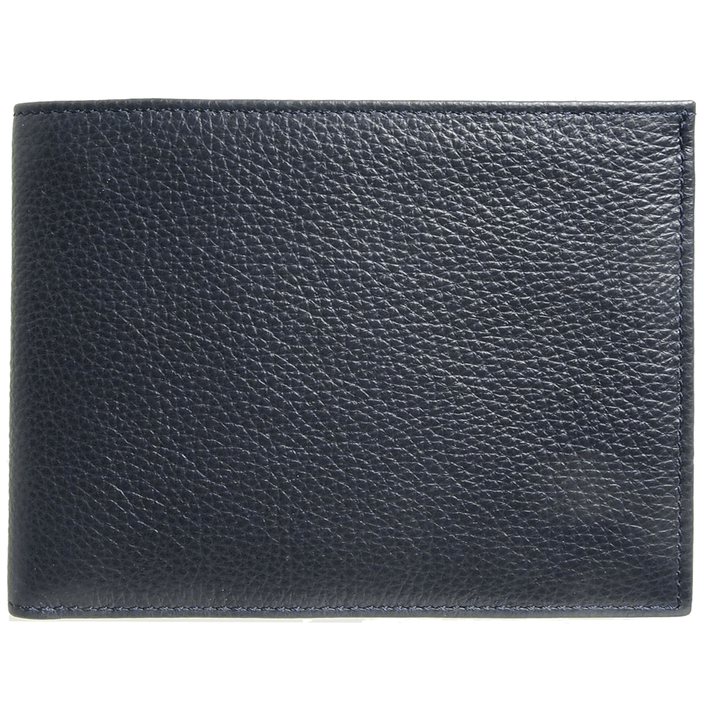 10 Credit Card Pebbled Leather Billfold in Blue, showcasing its soft grained calfskin exterior and multiple card slots.