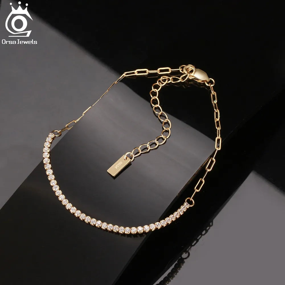 14K Gold Plated Paperclip Tennis Bracelet featuring zircon stones, elegantly designed for women.