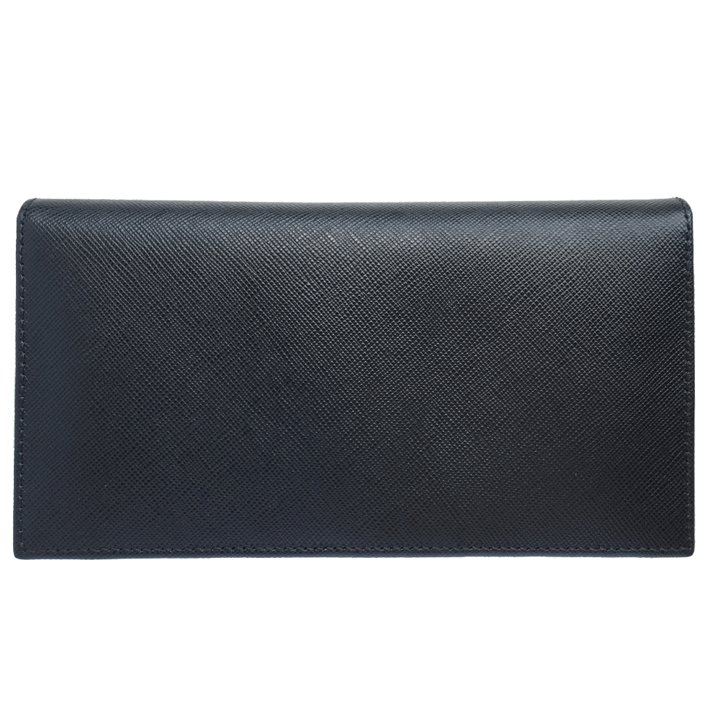 Elegant black Saffiano long envelope wallet with 16 card slots, crafted from premium calf leather, showcasing a sleek design.