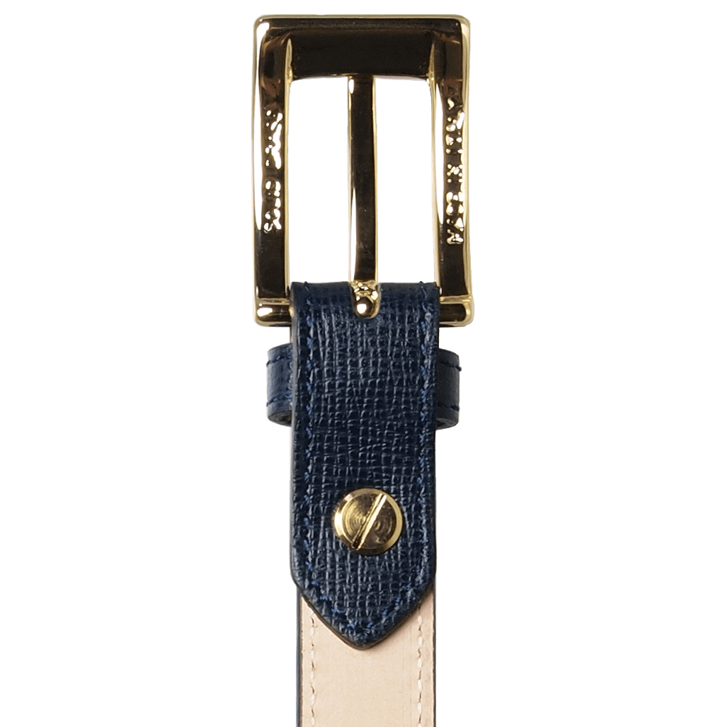 20 mm Saffiano leather belt in blue with gold plated brass buckle, showcasing its luxurious texture and craftsmanship.