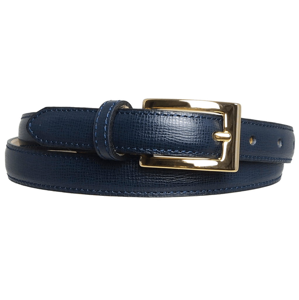 20 mm Saffiano leather belt in blue with gold plated brass buckle, showcasing its luxurious texture and craftsmanship.