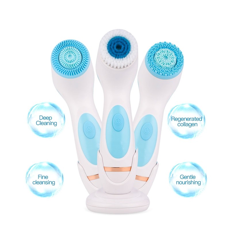 3 In 1 Electric Facial Cleansing Brush with interchangeable heads for deep cleaning and facial massage, designed for all skin types.