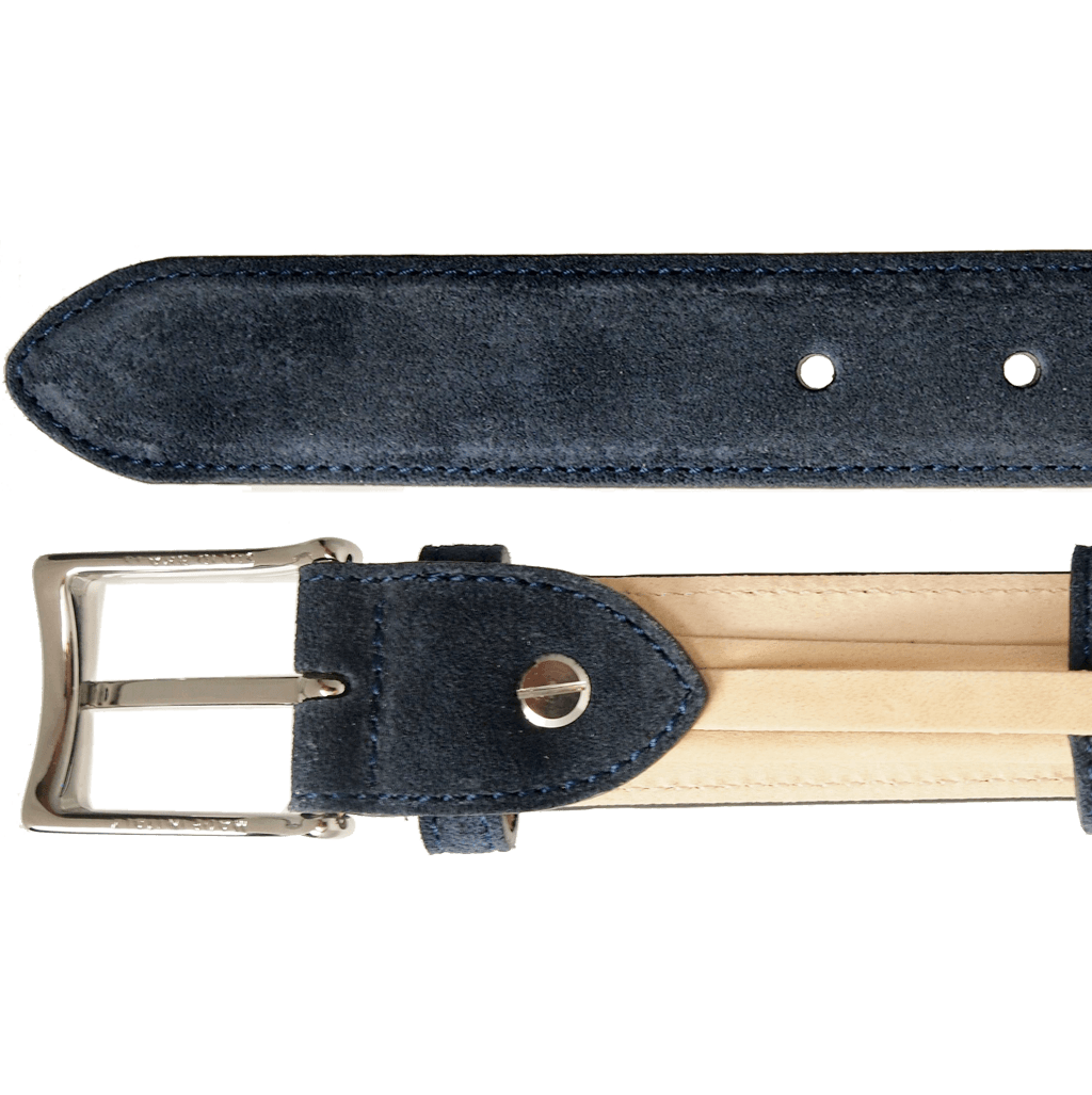 30 mm Sartorial Suede Belt in Navy with silver plated brass buckle, showcasing premium suede calf leather and nubuck underside.