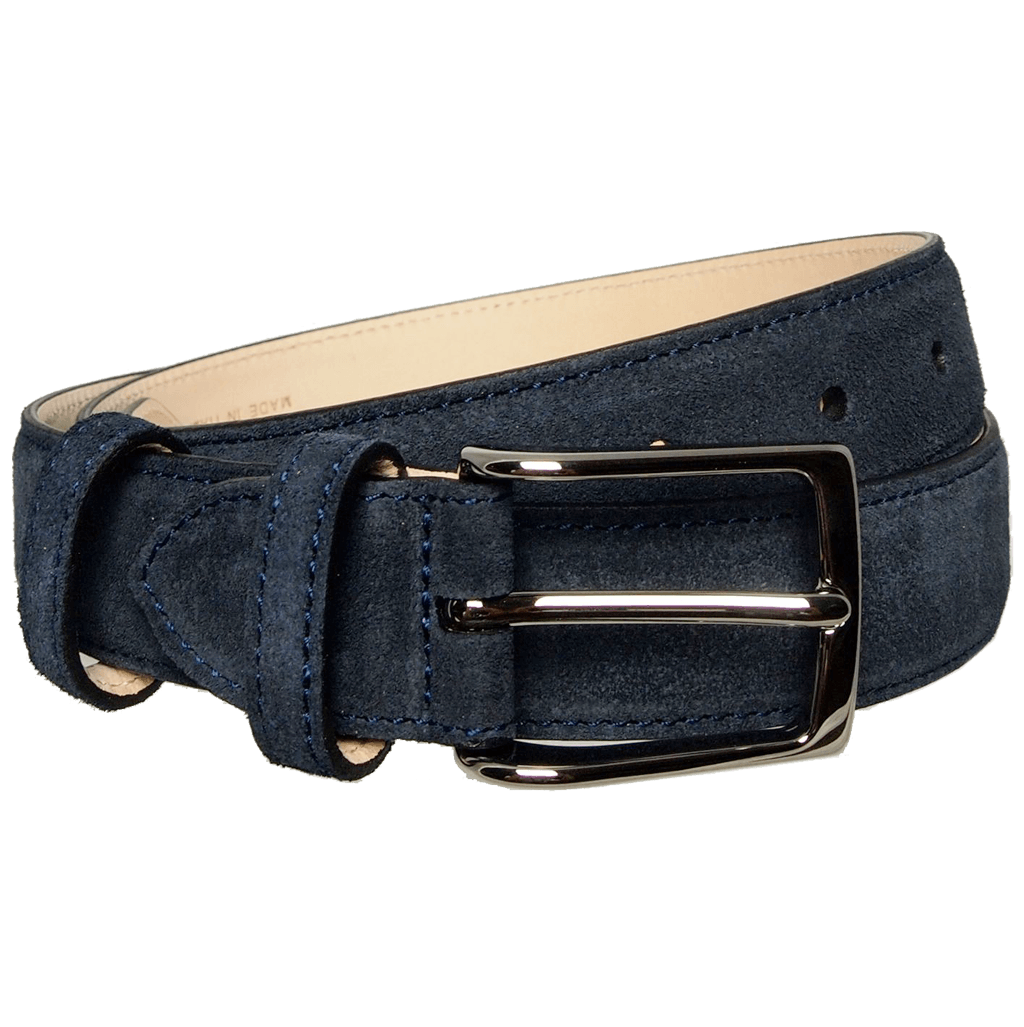 30 mm Sartorial Suede Belt in Navy with silver plated brass buckle, showcasing premium suede calf leather and nubuck underside.