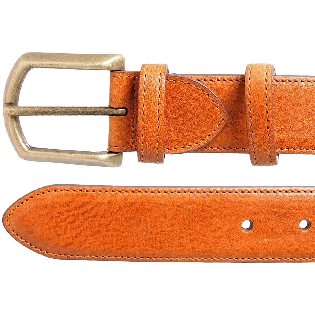 34 mm Antique Buckle Leather Belt in tawny color, featuring a burnished gold brass buckle and full-grain leather construction.