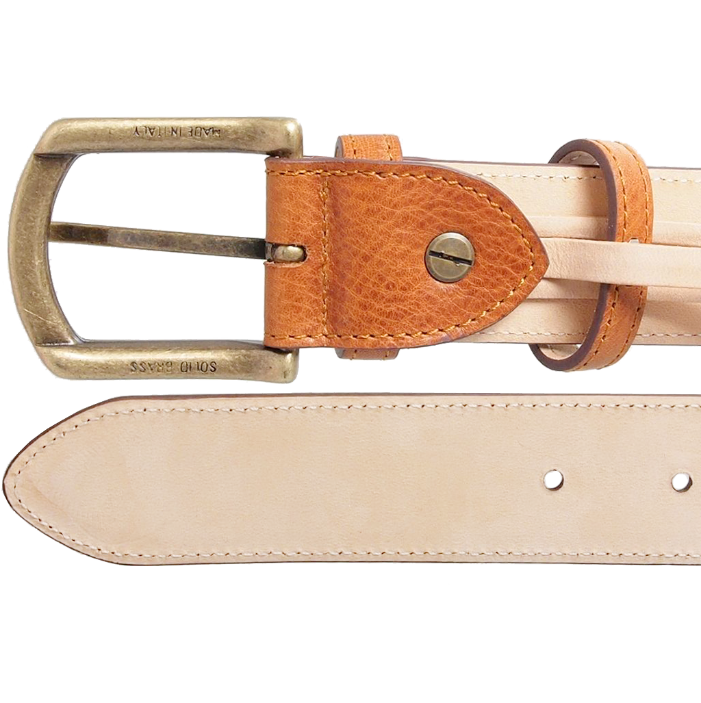 34 mm Antique Buckle Leather Belt in tawny color, featuring a burnished gold brass buckle and full-grain leather construction.