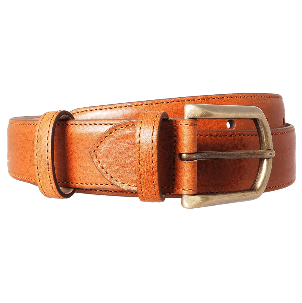 34 mm Antique Buckle Leather Belt in tawny color, featuring a burnished gold brass buckle and full-grain leather construction.